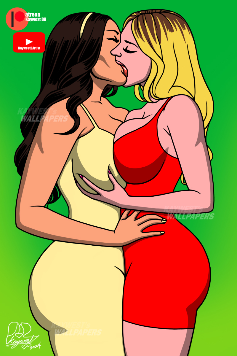 2girls blonde_hair breast_grab celebrity deviantart female female_only hand_on_waist huge_breasts kaywest kissing latina real_person salma_hayek source sydney_sweeney symmetrical_docking watermark yuri