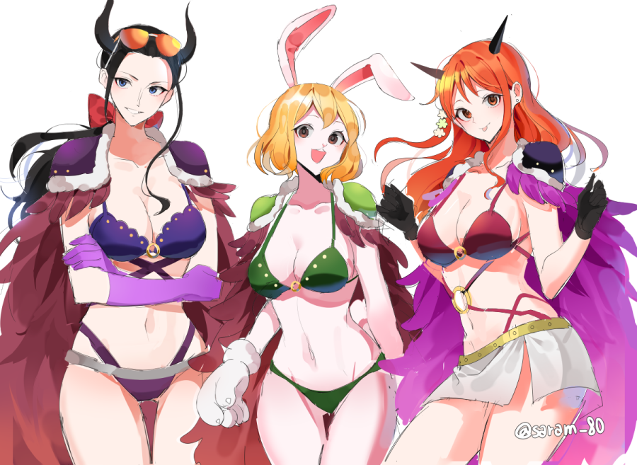 3girls anthro beast_pirates beast_pirates_(cosplay) bikini bikini_armor black_hair blonde_hair blue_eyes breasts cape carrot_(one_piece) earrings female female_only gloves green_bikini green_swimsuit horns joman large_breasts long_hair looking_at_viewer midriff miniskirt nami navel nico_robin one_piece orange_eyes orange_hair post-timeskip purple_bikini purple_swimsuit rabbit rabbit_girl red_bikini red_eyes red_swimsuit saram_80 short_hair shoulder_armor skirt sunglasses sunglasses_on_head swimsuit white_skirt