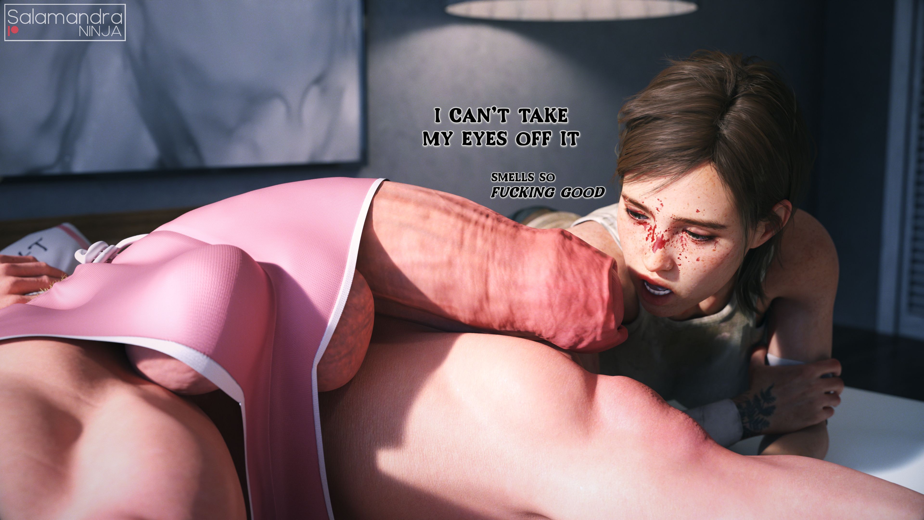 1futa, 1girls, 3d, abigail anderson, balls, breasts, ellie (the last of us), ellie williams, female, flaccid, futanari, huge cock, intersex, naughty dog, penis, penis out, penis through leghole, salamandraninja, smell description, smelly cock, text, the last of us, the last of us 2, uncensored