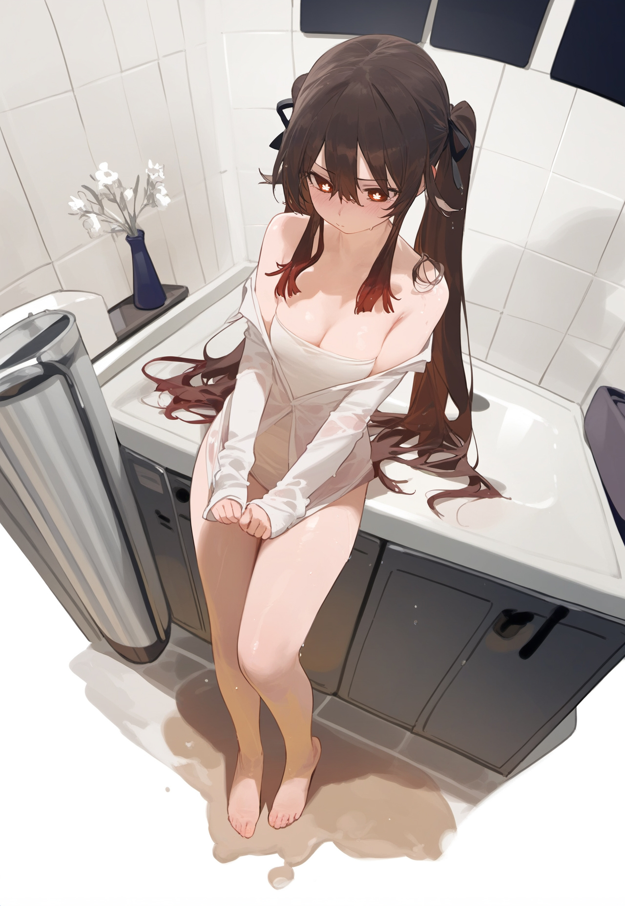 ai generated, artist request, bathroom, female, genshin impact, hu tao (genshin impact), long hair