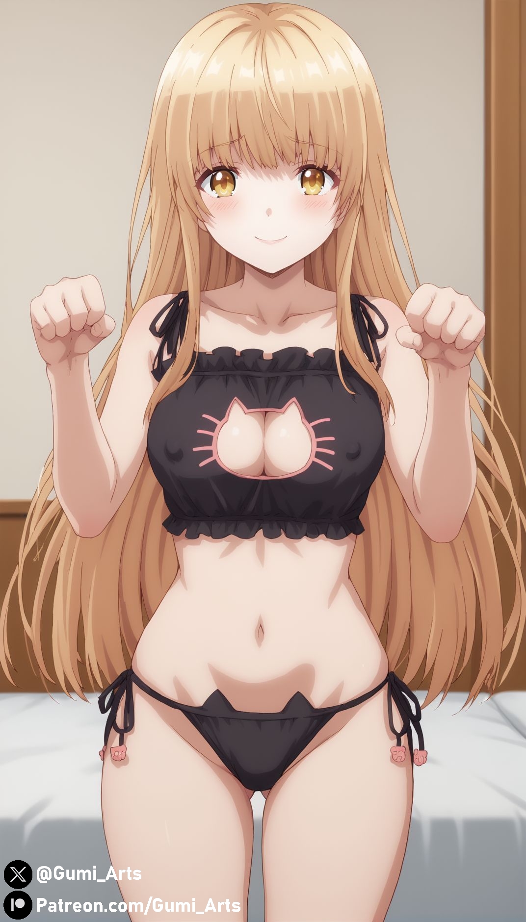 1girls, ai generated, bed, bedroom, blonde hair, blush, breasts, cat lingerie, cleavage cutout, covered nipples, female, gumi arts, indoors, long hair, looking at viewer, medium breasts, otonari no tenshi-sama ni itsu no mani ka dame ningen ni sarete ita ken, paw pose, shiina mahiru, shy, smile, solo, stable diffusion, standing, thick thighs, yellow eyes