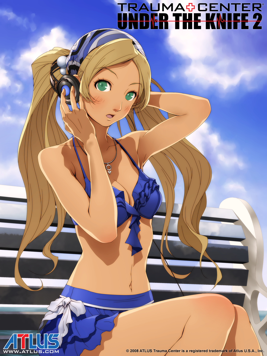 1girls angela_thompson artist_request bikini blonde_hair blue_bikini blush breasts cleavage female green_eyes headphones legs_together long_hair necklace open_mouth small_breasts trauma_center