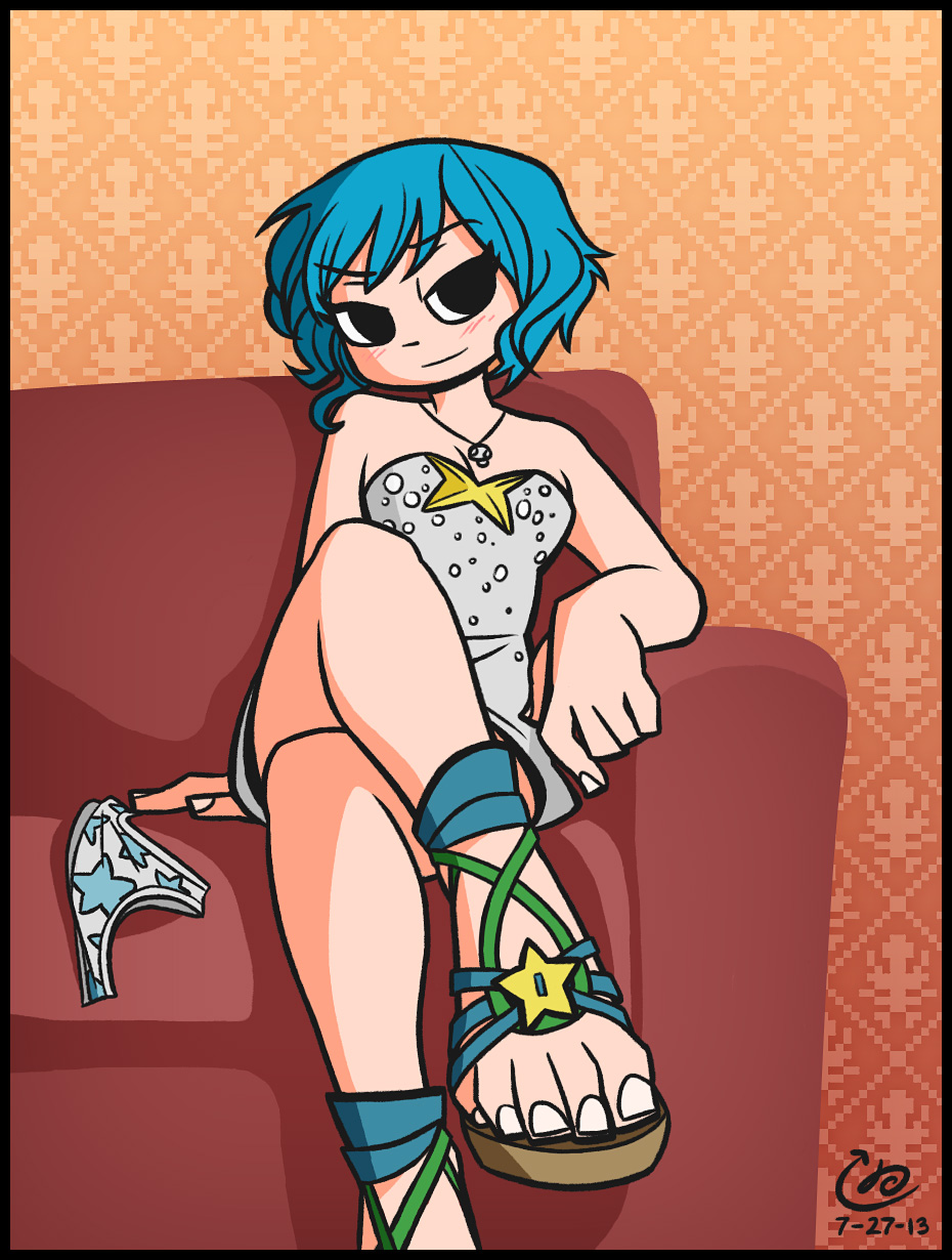 bedroom_eyes blue_hair blush crossed_legs dress feet female foot_fetish high_heels legs open_shoes open_toe_shoes panties ramona_flowers sandals scott_pilgrim seductive short_hair toes ukimen