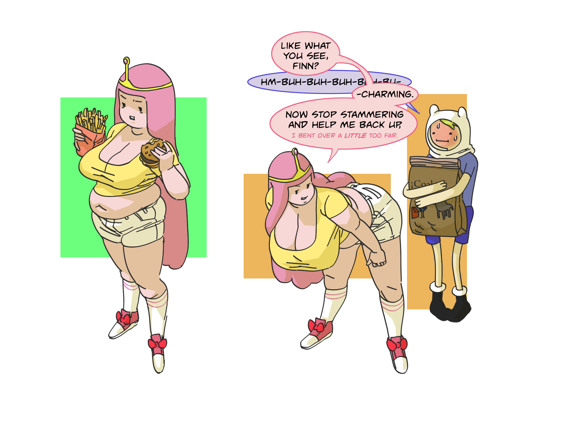 adventure time, bbw, belly, belly overhang, bent over, big belly, big breasts, breasts, busty, chubby, chubby female, cleavage, comic, deep navel, dialogue, eating, fast food, fat, female, female focus, female/male, finn the human, human, imminent sex, inviting to sex, love handles, male, malesub, midriff, miss that man, overweight, overweight female, perky breasts, plump, pot belly, princess bubblegum, seductive, stomach bulge, teenager, text, tight clothing, voluptuous, weight gain