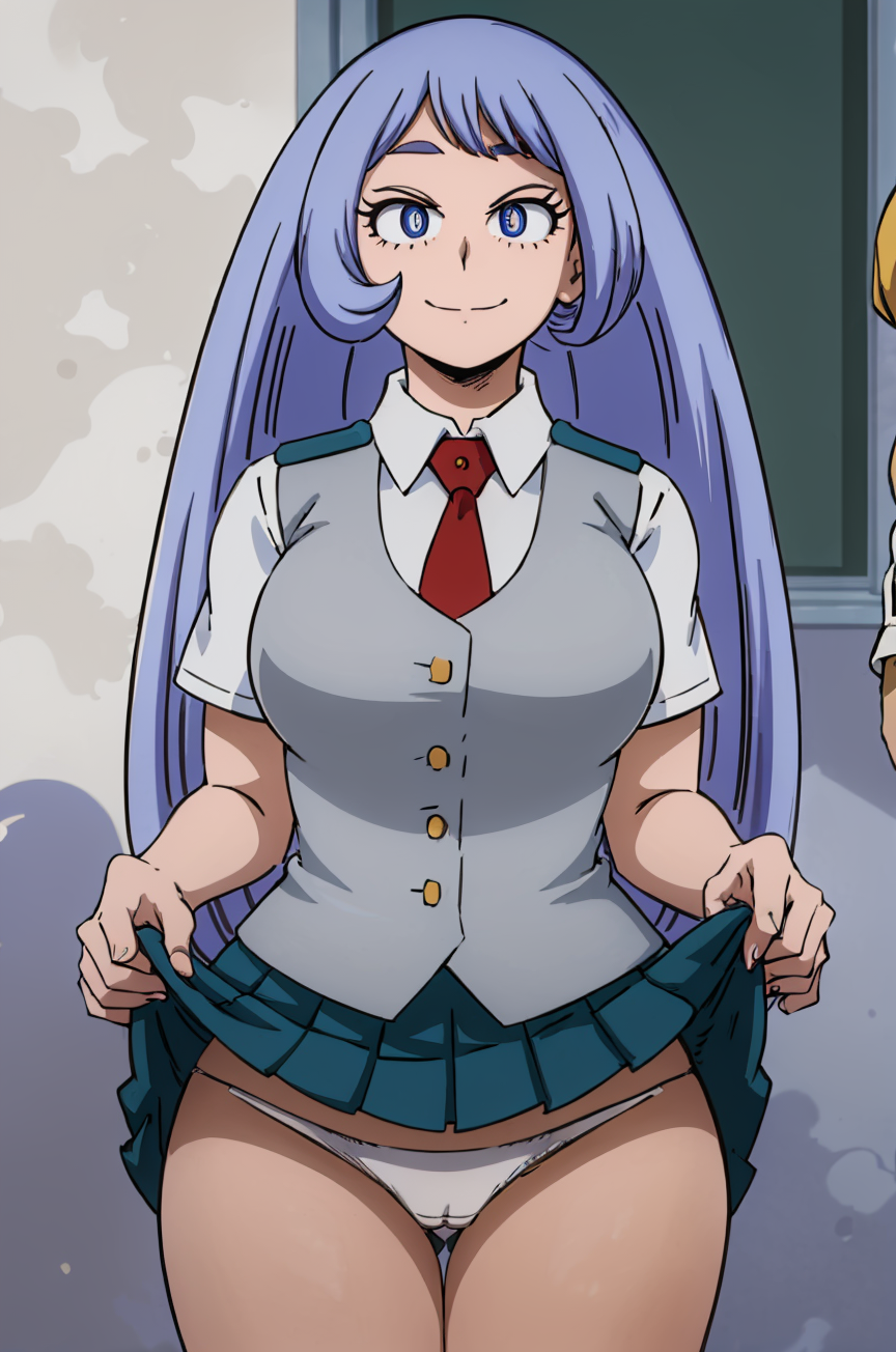 ai_generated aindroidparanoid big_breasts boku_no_hero_academia cameltoe hadou_nejire happy lifting_skirt light_blue_eyes light_blue_hair my_hero_academia nejire_hado panties presenting school school_uniform skirt skirt_lift smile stable_diffusion