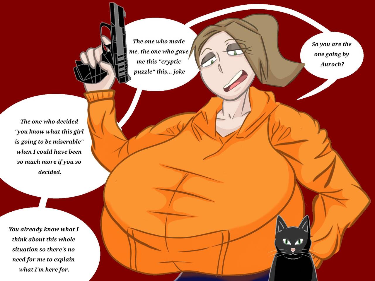 1girls auroch_nsfw baggy_clothing black_cat bra_visible_through_clothes cat feline finger_on_trigger gun hoodie inconvenient_breasts marie_(auroch_nsfw) meta original_character ponytail speech_bubble straining_clothing text text_bubble top_heavy