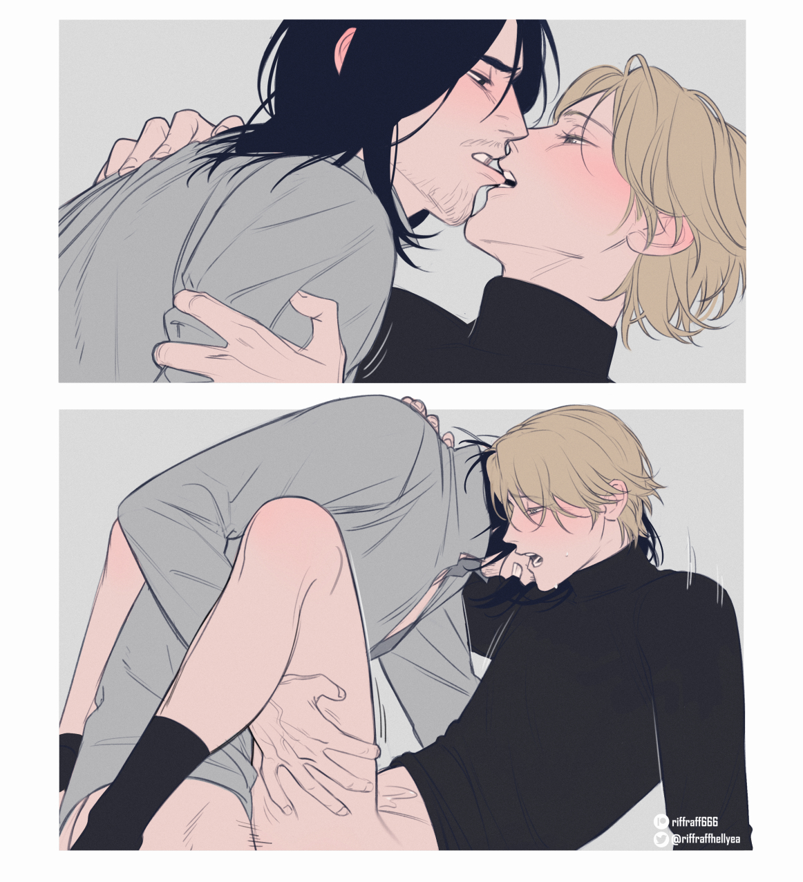 2boys, anal, artist name, biting lip, blush, bottomless, facial hair, gay, gay male, johan liebert, kenzo tenma, male, male only, male/male, monster (manga), no visible genitalia, riffraff, riffraffhellyea, sweat, tagme, yaoi