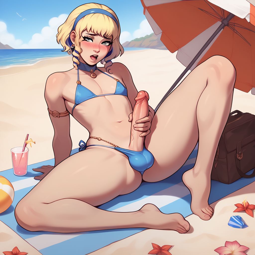 ai_generated beach bikini bulge bulge_through_clothing civitai constance_von_nuvelle erection femboy fire_emblem futanari large_penis masturbation