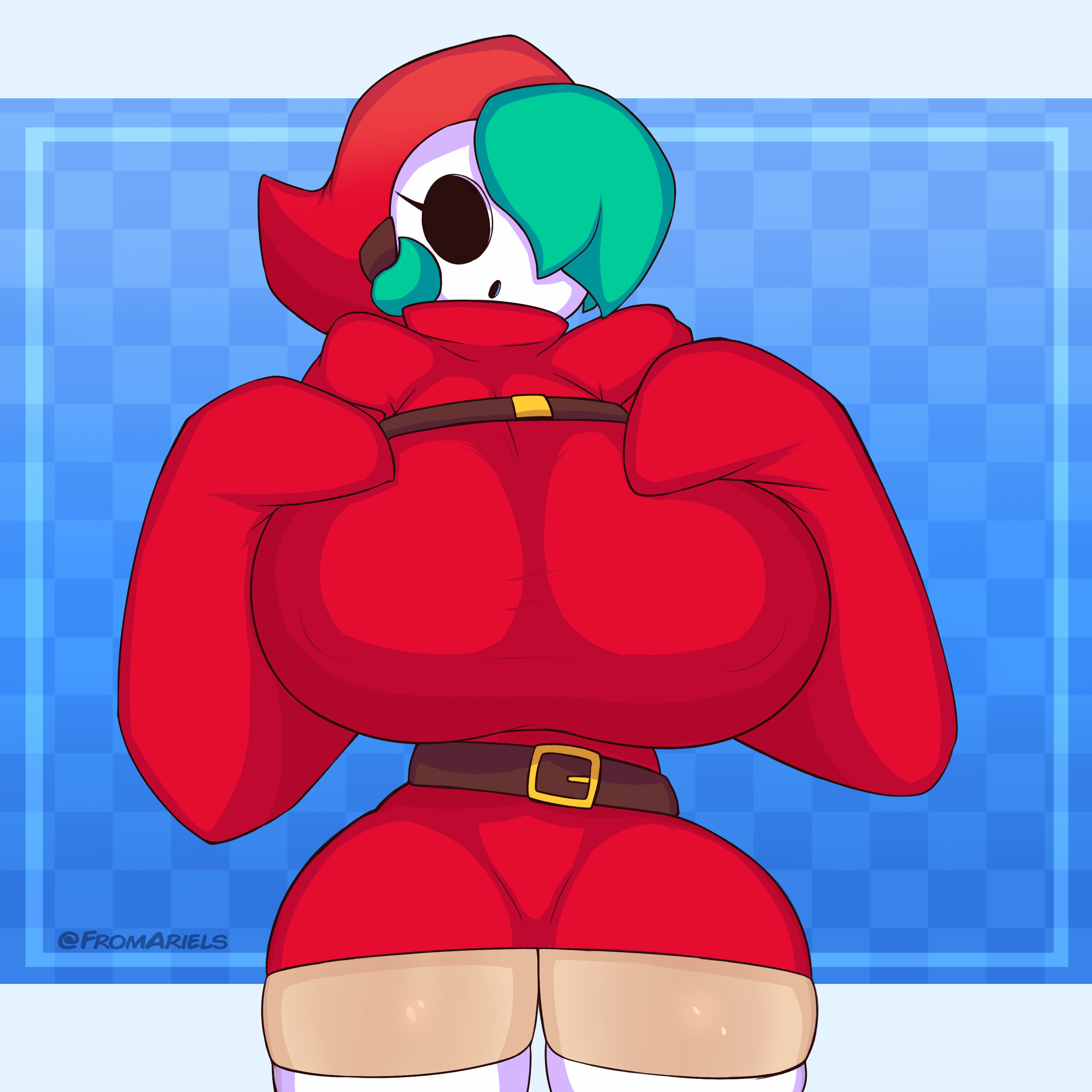1girls, ass, big ass, big breasts, bimbo, breast focus, breasts, breasts bigger than head, clothed, female, female only, fromariels, hair over one eye, huge breasts, hyper, hyper breasts, light skin, light-skinned female, mario (series), nintendo, nipples visible through clothing, no bra, shy gal, shy gal red, solo, tagme