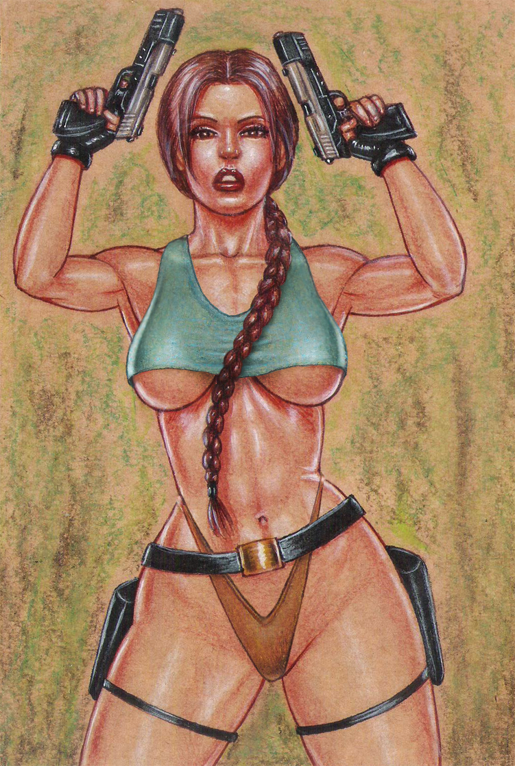 akimbo armpits athletic athletic_female belt big_breasts braid breasts brown_eyes brown_hair busty crop_top dual_wielding edithemad female female_focus female_only fingerless_gloves fully_clothed gun guns holster hourglass_figure lara_croft lara_croft_(classic) lipstick long_hair makeup navel pistol revealing_clothes shiny_skin skimpy_clothes tagme thigh_holster thong tomb_raider toned toned_female underboob wide_hips