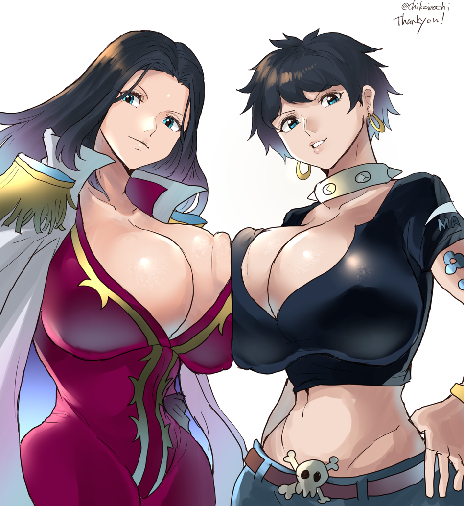 2d 2d_(artwork) 2girls big_breasts big_breasts black_hair black_hair_female blue_eyes boobs_pressed breasts breasts breasts_pressed_together doll_(one_piece) exposed_midriff female female_focus female_only girl happy happy_female light-skinned_female light_skin long_hair looking_at_viewer nico_robin one_piece short_hair smile smiling smiling_at_viewer