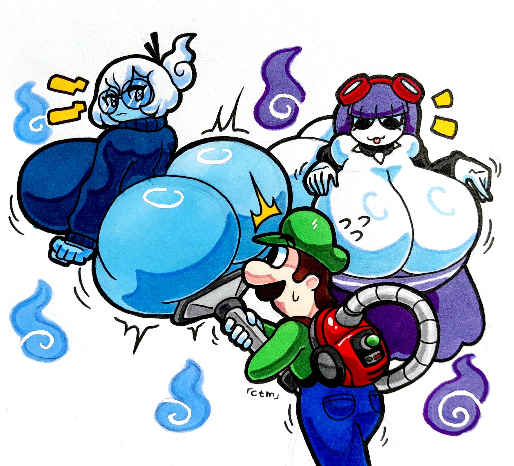 2girls, ass, ass bigger than head, ass focus, backboob, boob window, bottomless, breasts, breasts bigger than head, casual, casual nudity, female, ghost, ghost girl, huge ass, huge breasts, julia (oc), luigi, luigi's mansion, mario (series), mr.ctm, multiple females, multiple girls, nintendo, no bra, oc, poltergust, stuck in object, teasing, topwear, winter (mr.ctm)