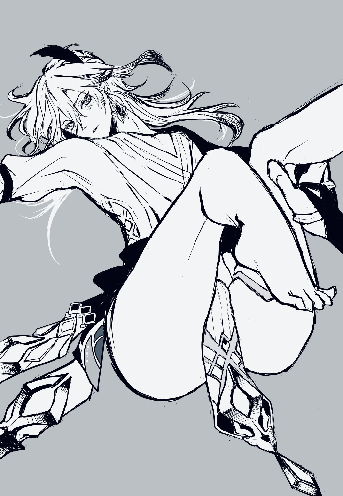 ass, barefoot, black and white, earrings, eyelashes, feet, gay, genshin impact, kaveh (genshin impact), legs, legs up, long hair, lying down, lying on back, male, male focus, male only, seductive, seductive look, thick ass, thick thighs, twink, yaoi