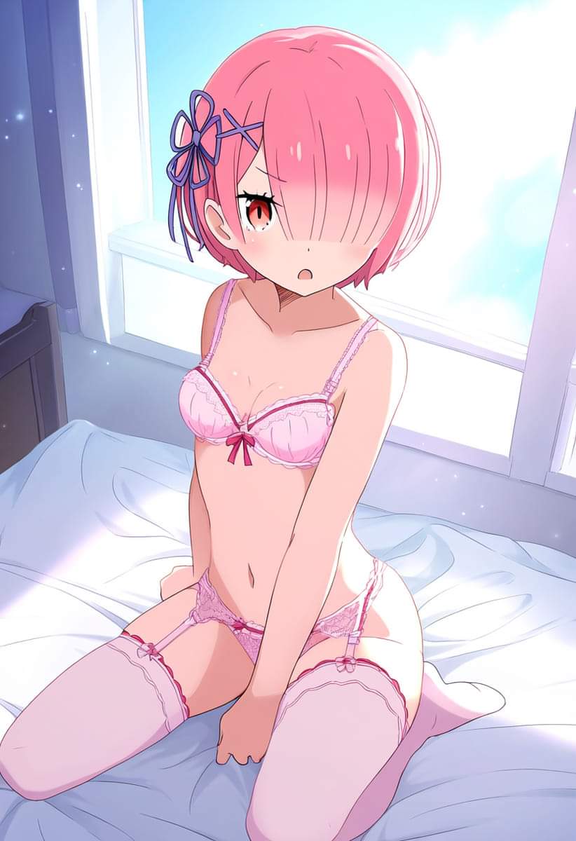 1girls, ai generated, bangs, female, female only, hair ornament, hair over one eye, pink eyes, pink hair, pink lingerie, pink underwear, ram (re:zero), re:zero kara hajimeru isekai seikatsu, red eyes, short hair, underwear, underwear only, x hair ornament
