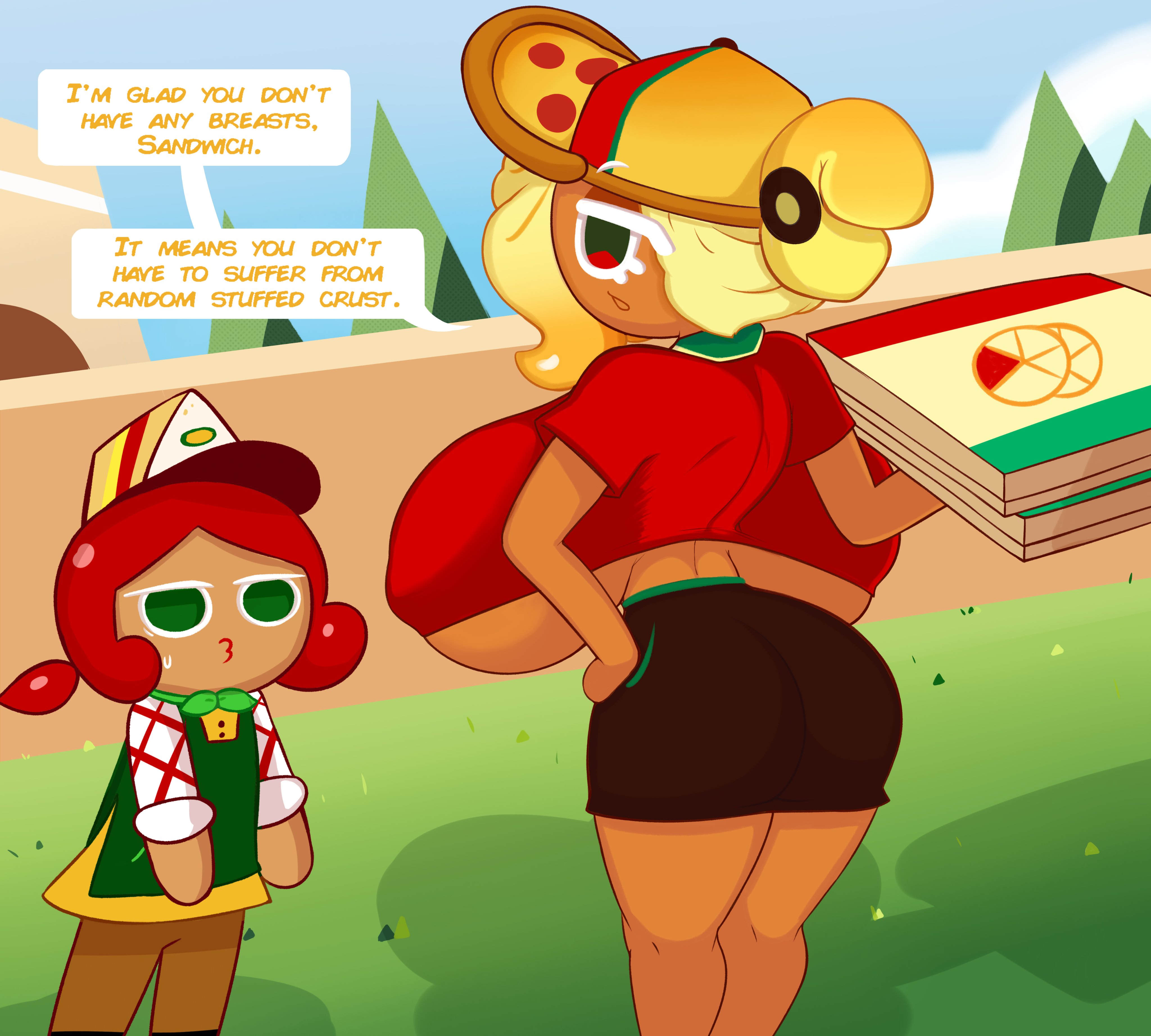 ass, backboob, big ass, breasts, casual, clothed, cookie run, female, female only, fromariels, huge breasts, hyper, hyper breasts, nipples visible through clothing, no bra, pizza cookie, pizza delivery, public, public nudity, sandwich cookie, teasing, underboob