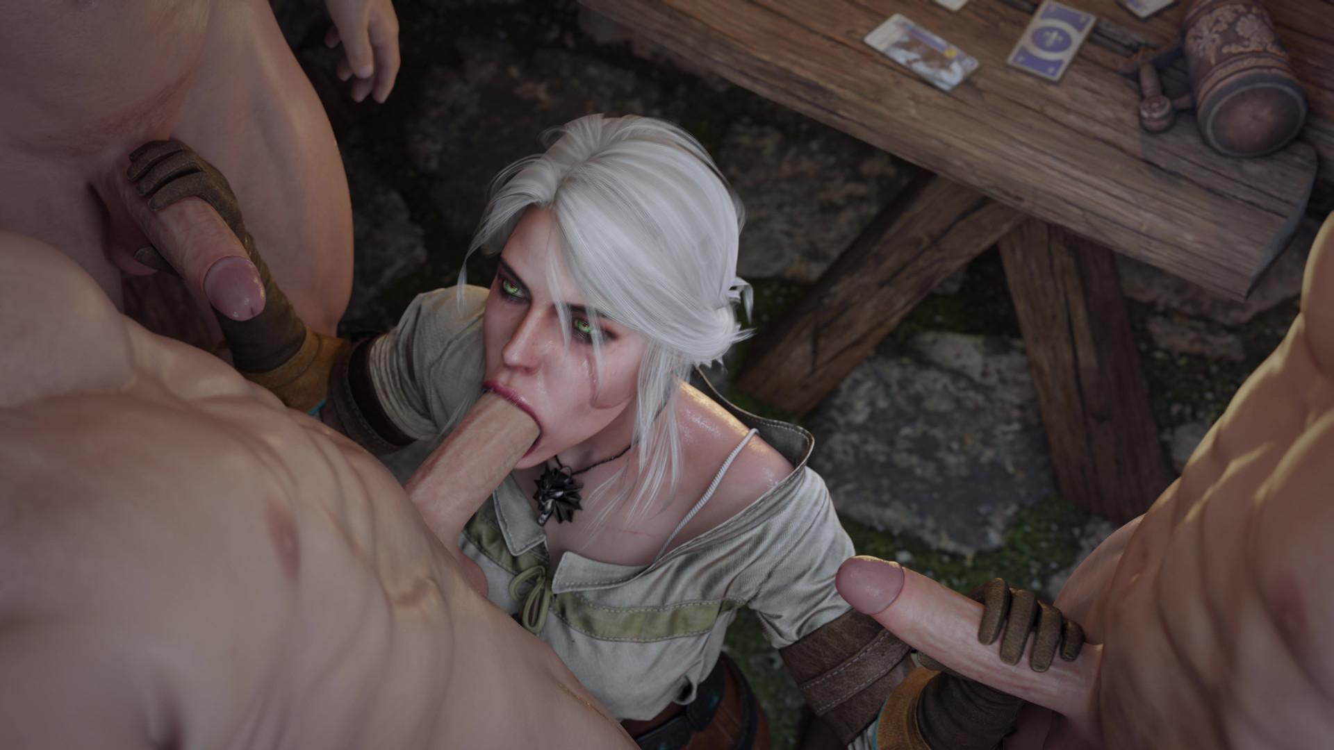1girls, 3boys, 3d, balls, blowbang, blowjob, bluelight, both hands on cock, brown gloves, ciri, clothed female nude male, clothing, double handjob, fellatio, female, foursome, gangbang, gloved handjob, gloves, green eyes, hand on penis, handjob, handjob with gloves, high resolution, holding penis, leather gloves, light skin, light-skinned female, light-skinned male, male, mmmf foursome, penis, scar, scar on face, sucking penis, tagme, the witcher (series), the witcher 3: wild hunt, touching penis, white hair, witcher medallion