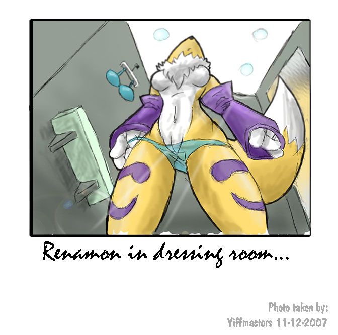 anthro breasts change_room clothes color digimon female female_only front_view fur furry indoors polaroid renamon solo tagme topless vulva yiffmasters