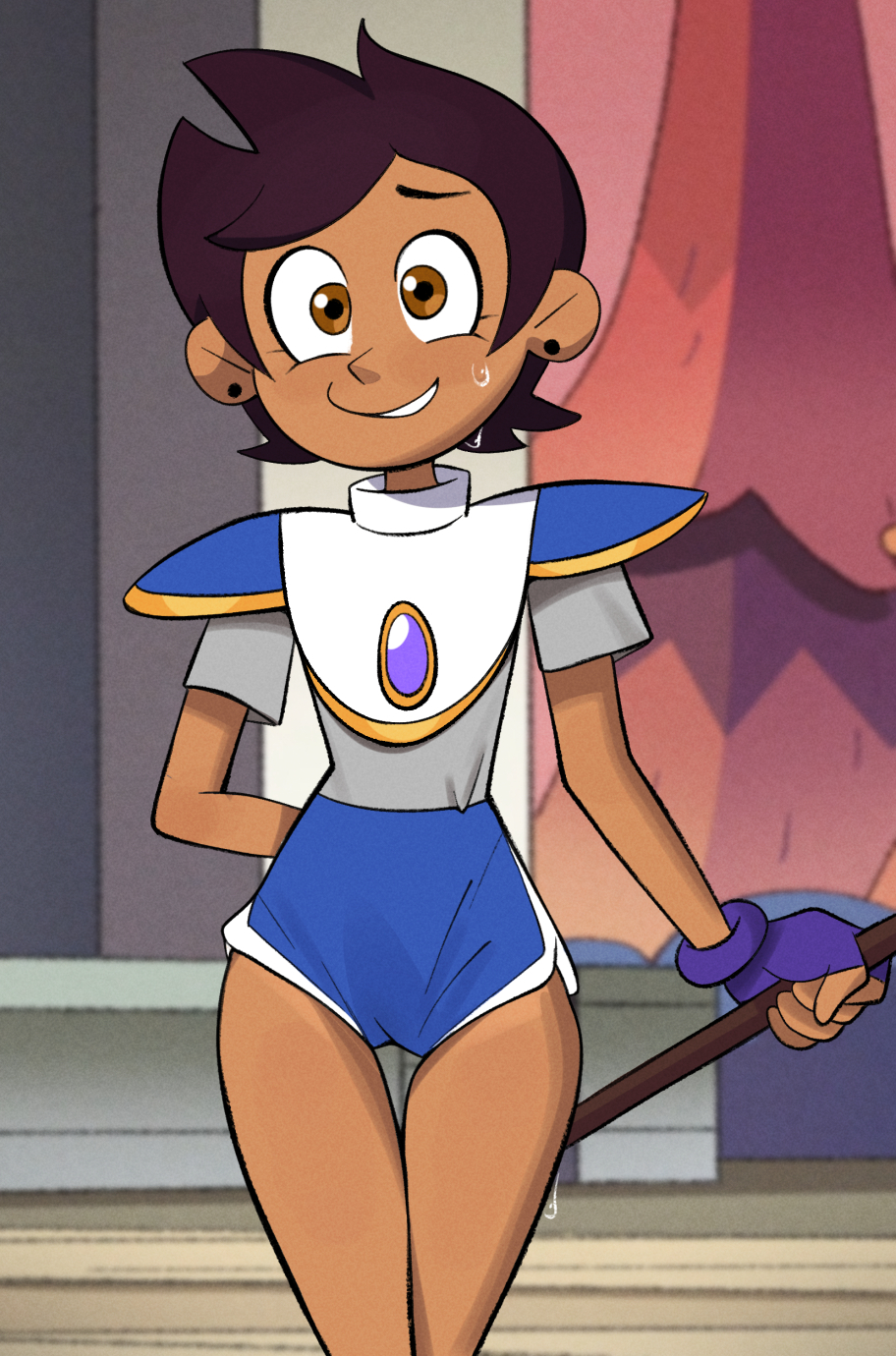 brown eyes, brown hair, clothed female, clothing, dark skin, dark-skinned female, earrings, female, fingerless gloves, human, looking at viewer, luz noceda, nervous smile, nervous sweat, newguy1091, nonsexual, solo, sportswear, sweat, the owl house, tight shorts