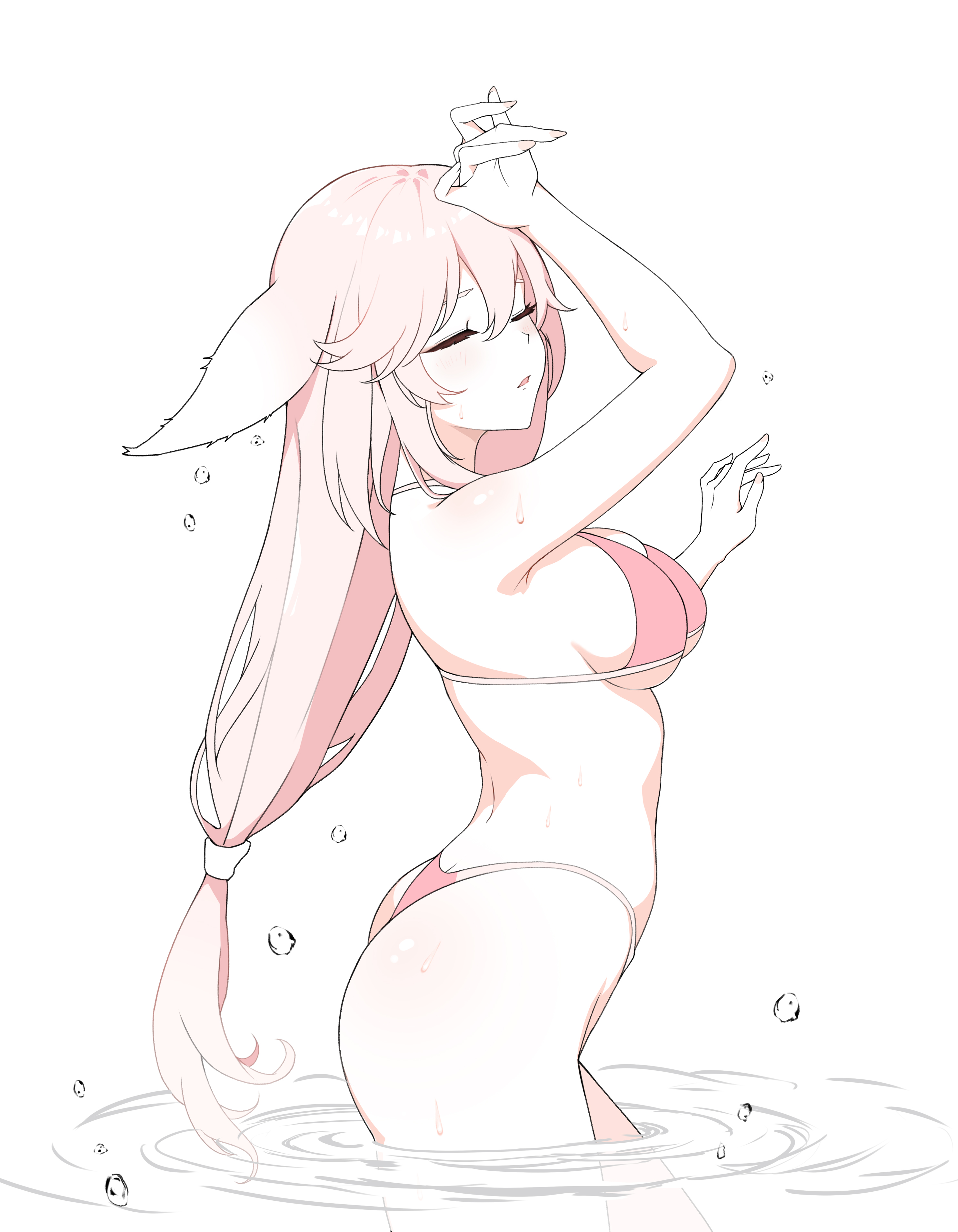 1girls, 2d, 2d (artwork), animal ears, bikini, blush, bra, closed eyes, female, female focus, female only, fox ears, fox girl, genshin impact, high resolution, highres, hourglass figure, hoyoverse, light skin, light-skinned female, long hair, mature, mature female, mihoyo, outdoors, pink bikini, pink hair, side view, simple background, solo, solo female, standing, standing in water, swimsuit, thong, thong bikini, two piece swimsuit, water, white background, yae miko