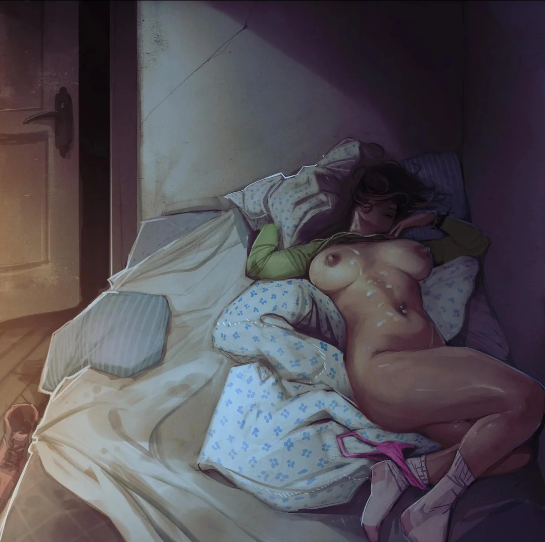 after rape, artist request, big breasts, breasts, brown hair, cum on body, female, lying on back, lying on bed, panties around one leg, pink panties, rape, sleeping
