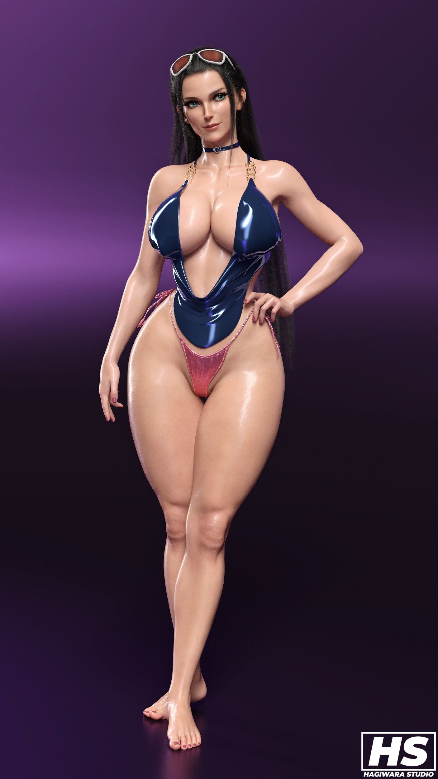 3d, big breasts, black hair, blue eyes, breasts, cleavage, eyewear on head, female, female only, hagiwara studio, highres, large breasts, lipstick, long hair, looking at viewer, nico robin, one piece, post-timeskip, sunglasses on head, tagme, thick thighs, thong