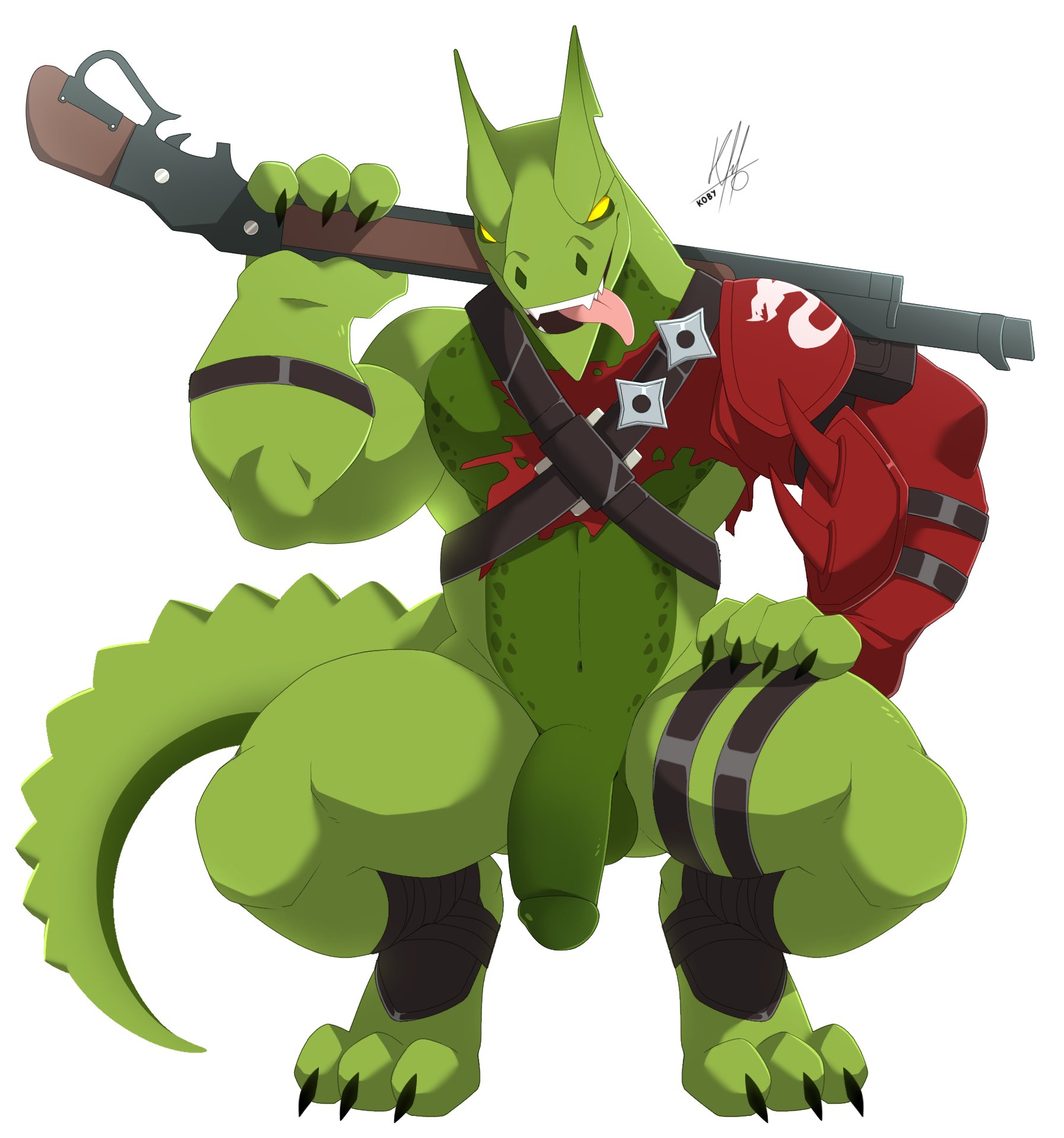 1boy, anthro, armor, claws, foreskin, fortnite, green body, hybrid (fortnite), kobyyamachi, male, male only, muscular, muscular male, muscular thighs, pecs, penis, reptile, retracted foreskin, scalie, shotgun, solo, spikes, squatting, tail, tongue, tongue out, uncircumcised, weapon