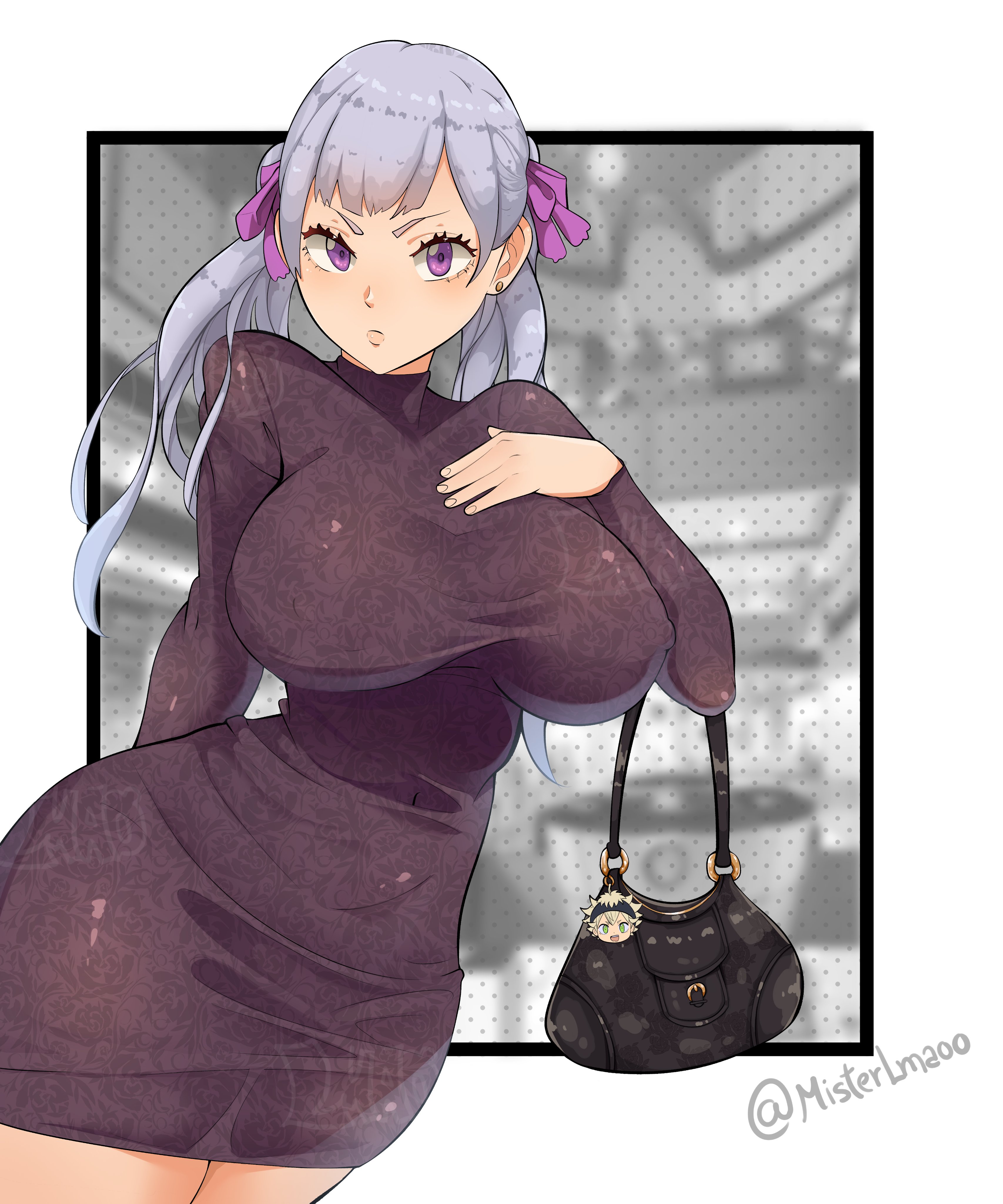 1girls, big breasts, black clover, breasts, breasts bigger than head, clothed, dress, female, fully clothed, hourglass figure, light skin, light-skinned female, looking at viewer, misterlmaoo, nipple bulge, noelle silva, purple eyes, ribbon, silver hair, thick thighs, twintails, voluptuous