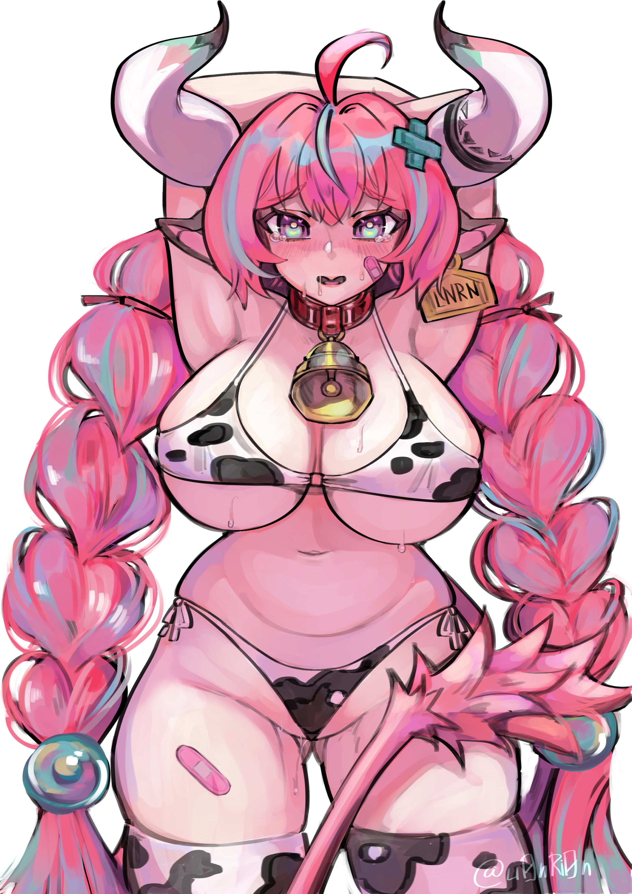 breasts, cow print, cow print bikini, ear tag, erection, female, female only, genshin impact, huge breasts, lionrion, sweat, underboob, varesa (genshin impact)