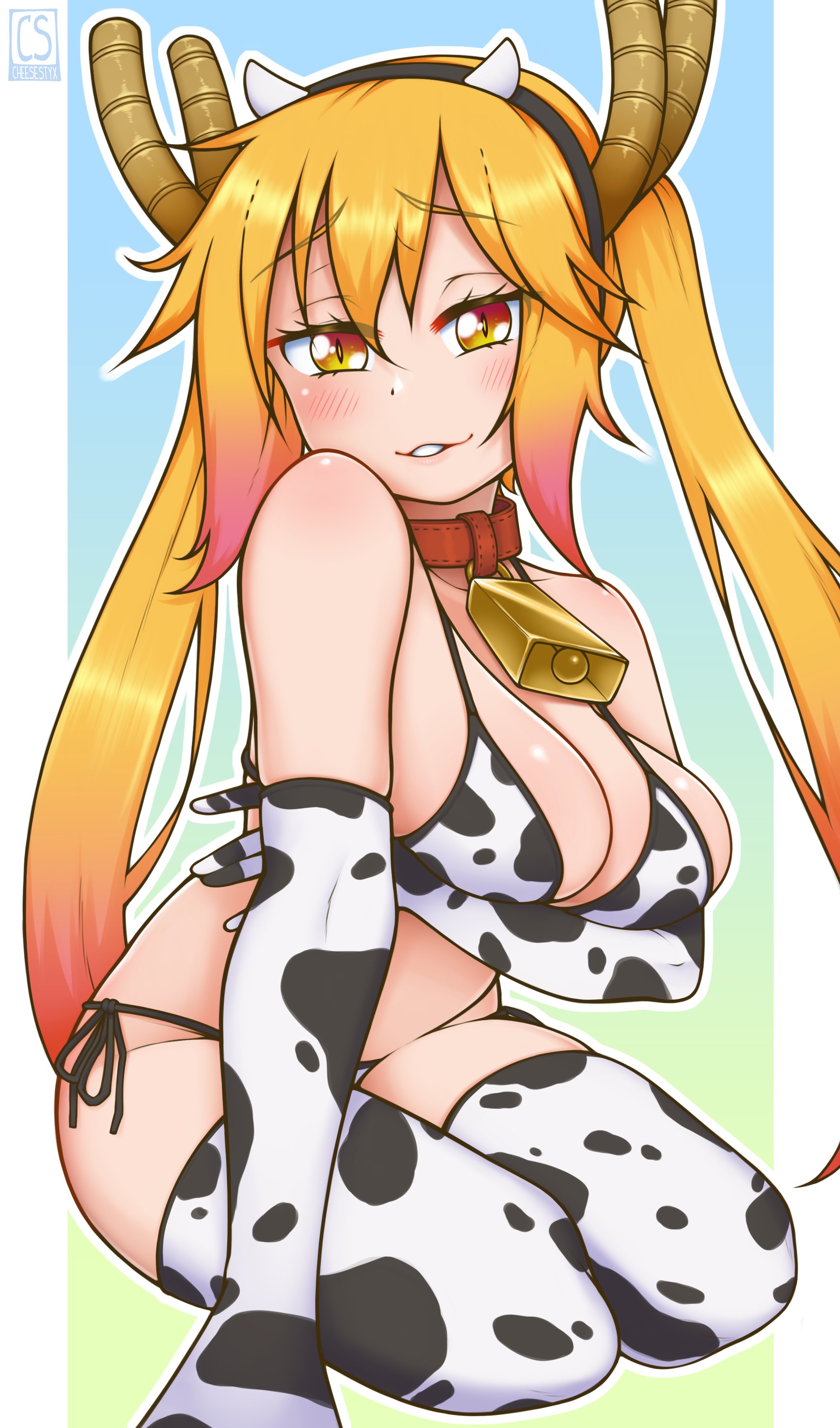 bikini, bikini bottom, bikini top, blonde hair, breasts, cheesestyx, choker, collar, cow bikini, cow print, cow print armwear, cow print bikini, cow print thighhighs, cowbell, cowbell collar, dragon girl, dragon horns, female, gloves, headband, horns, kobayashi-san chi no maidragon, lips, miss kobayashi's dragon maid, pink hair, pink highlights, slit pupils, tagme, thighhighs, thighs, tohru (dragon maid), twintails