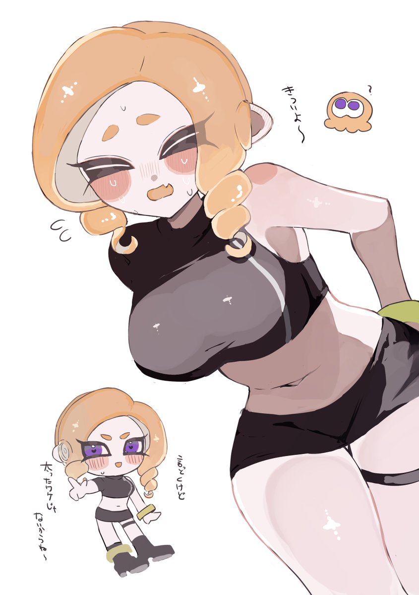 1girls agent_8_(octo_expansion) agent_8_(splatoon) black_skirt blush bracelet breasts chibi closed_eyes curly_hair female large_breasts navel nintendo octoling octoling_girl open_mouth orange_hair purple_eyes simple_background skirt smchan_hll solo solo_female solo_focus splatoon splatoon_2 splatoon_2:_octo_expansion sweat tentacle_hair translation_request twitter_link