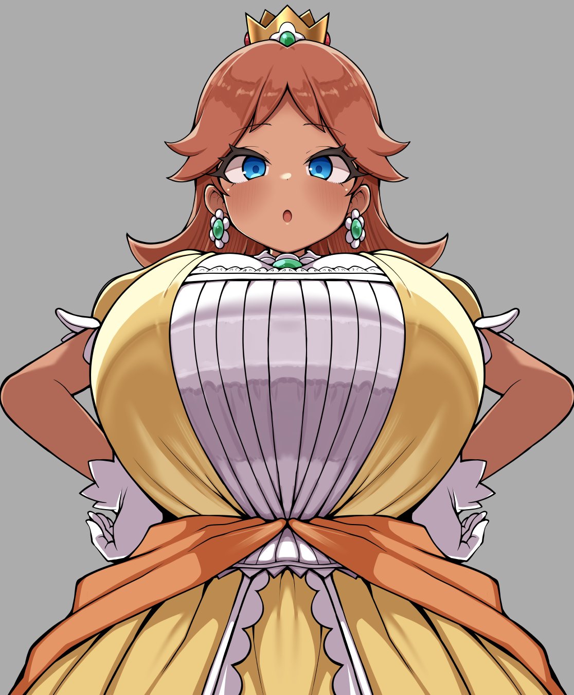 1girls, blue eyes, breast focus, breasts, brown hair, crown, detritus, dress, earrings, female, flower earrings, gloves, highres, huge breasts, jewelry, looking at viewer, mario (series), necklace, nintendo, princess, princess daisy, simple background, solo, solo female, solo focus, white gloves