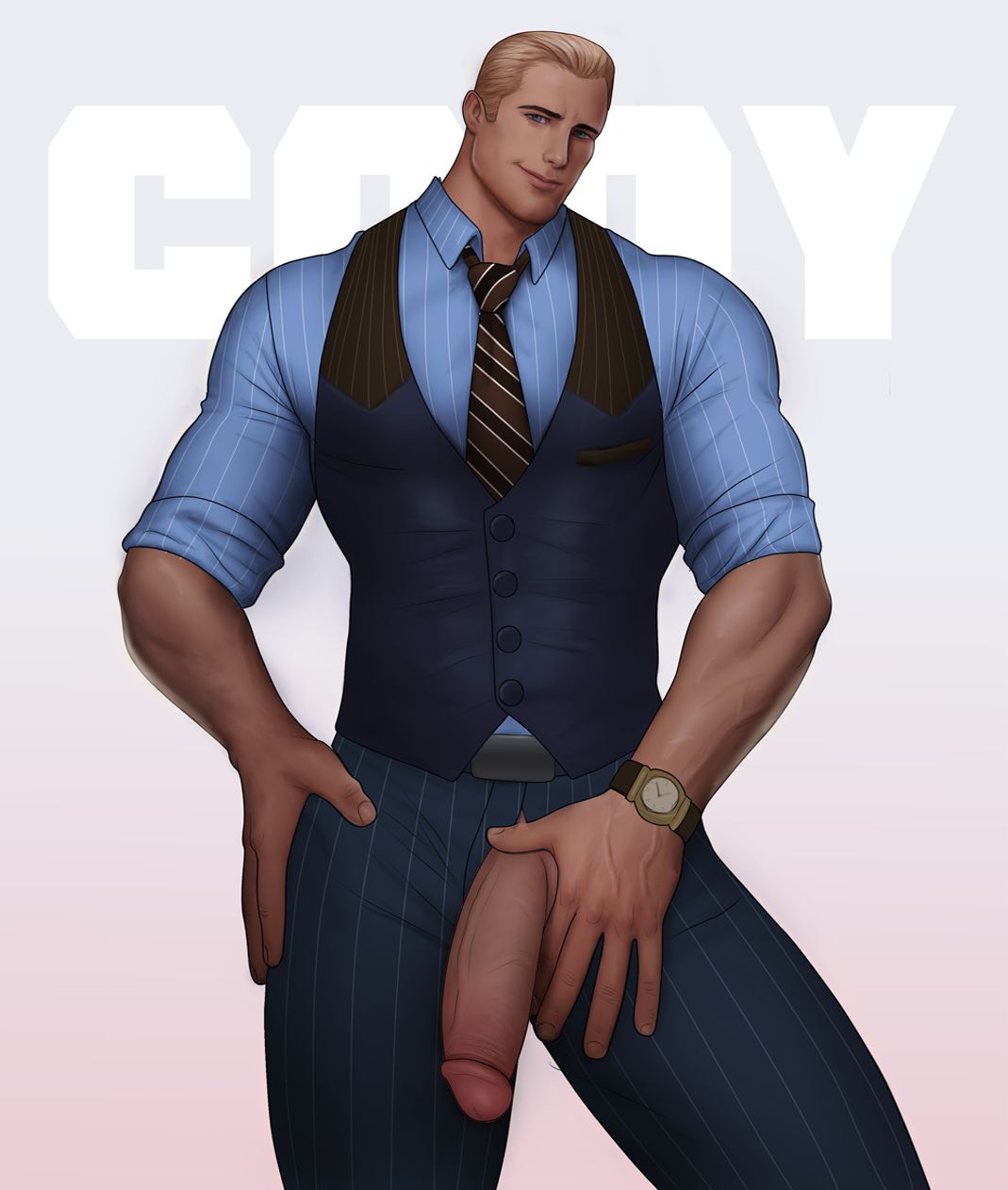 blonde, blonde hair, blue eyes, cody travers, drawnpr0n, final fight, glans, male, male focus, male only, muscles, muscular, muscular male, necktie, partially nude, penis, penis out, penis through fly, smile, street fighter, suit, suit and tie, tagme, urethra, vest