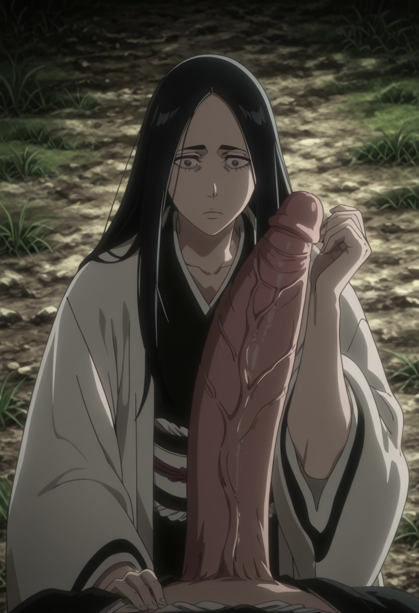 1boy, 1girls, ai generated, big penis, black hair, bleach, bleach: the thousand-year blood war, female, forearm cock, haori, kimono, large penis, light-skinned female, light-skinned male, male, monster cock, novaro1337, penis, penis measuring, shocked, shocked expression, unohana retsu, unohana yachiru, veiny penis, white haori