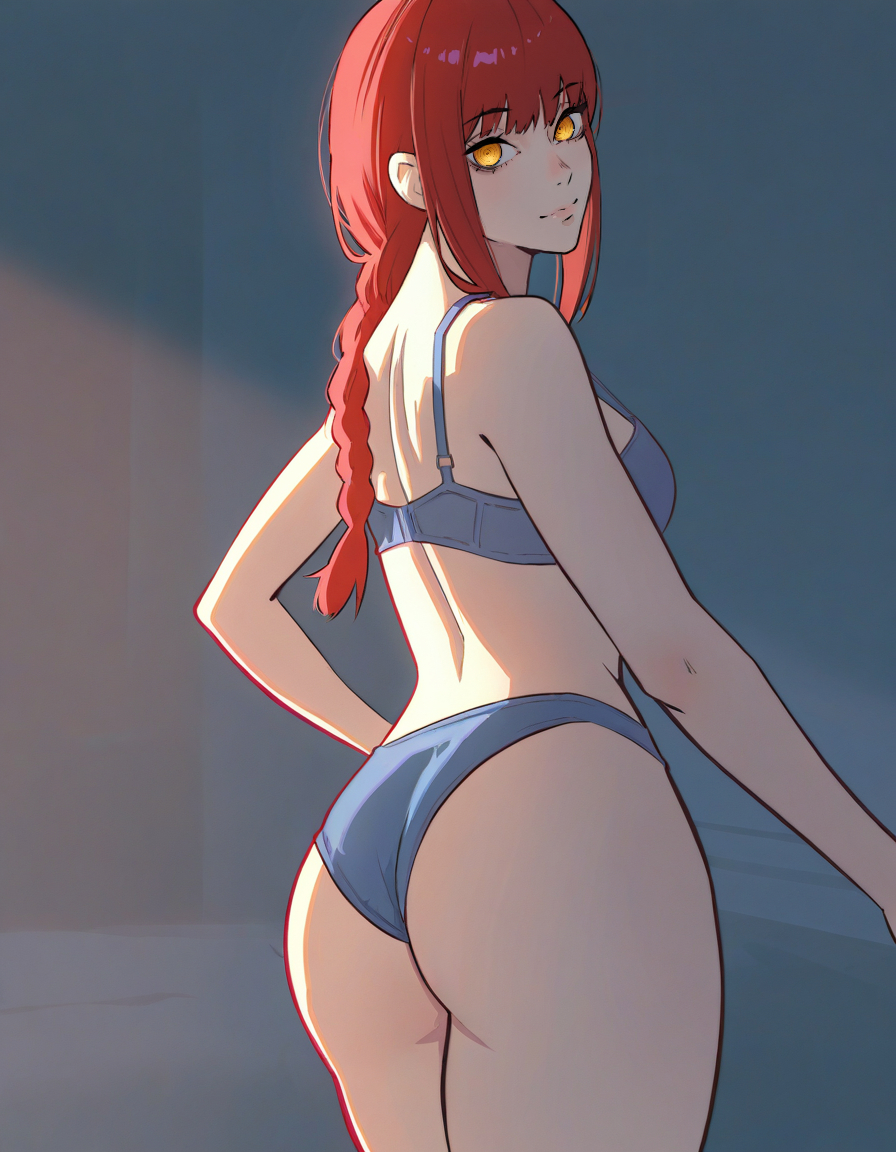 1girls, ai generated, ass, blue bra, blue panties, blue underwear, bra, chainsaw man, female, female only, makima (chainsaw man), panties, red hair, solo, underwear, underwear only, yellow eyes, zloimakak