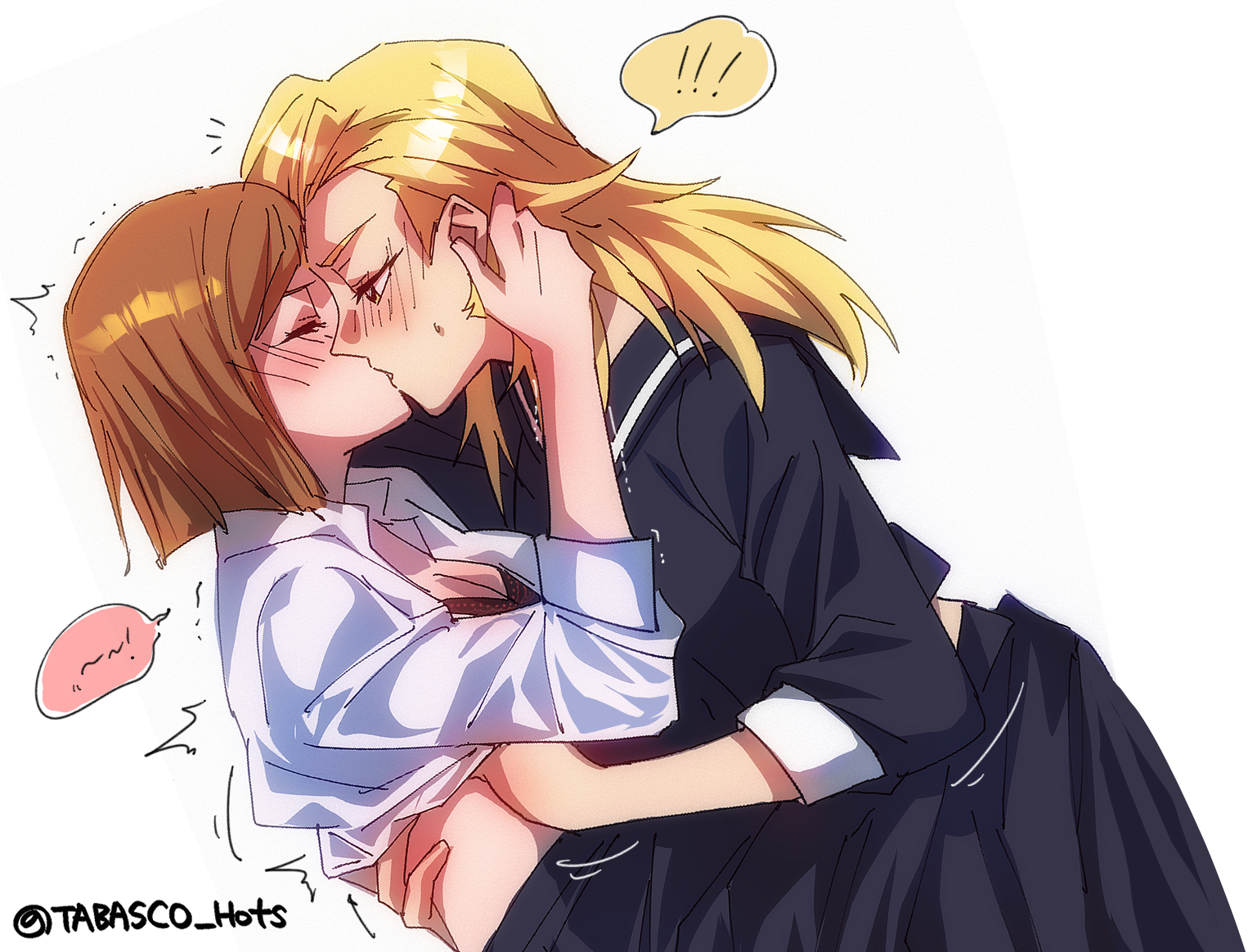 2girls, blonde hair, blush, bra, breasts, brown hair, brown-haired female, embarrassed, female, female only, female/female, femdom, hand on breast, jujutsu kaisen, kissing, kugisaki nobara, lesbian kiss, saki rindo, tabasco hots, tagme, unbuttoned, unbuttoned shirt, white background, yuri