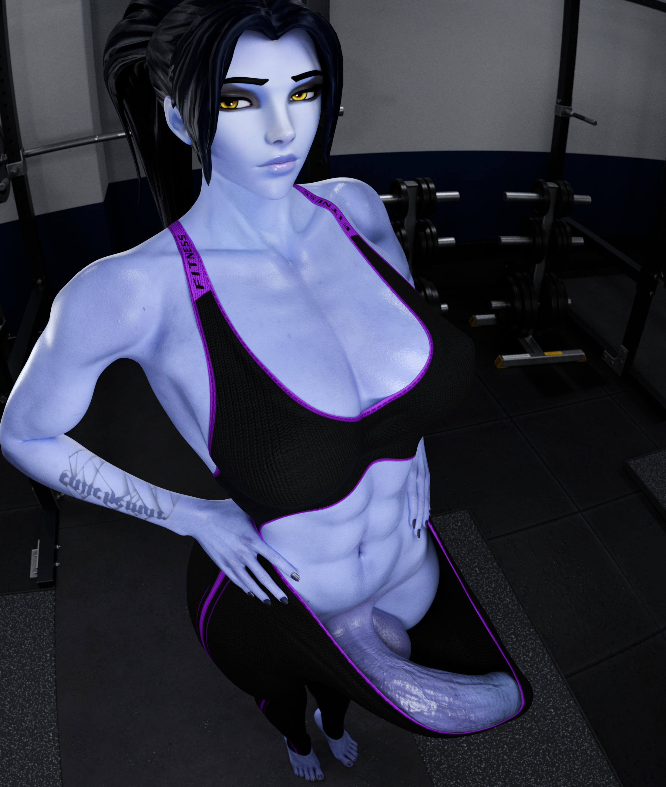 1futa, 2023, 3d, amelie lacroix, athletic, athletic futa, big breast, big penis, big thighs, black hair, blender, blizzard entertainment, bottomless, breasts, curvaceous, curvy, curvy body, erect penis, erection, eye contact, female, fit, fit futa, futa only, futanari, gym, hd, hi res, high quality, high resolution, highres, huge breasts, huge cock, intersex, long hair, long penis, looking at viewer, mature, mature futa, milf, muscular, muscular futa, noverwatch, overwatch, overwatch 2, penis, ponytail, purple body, purple skin, seducing, seductive, sensual, sexy, smile, smiling at viewer, solo, solo focus, thick hips, thick legs, thick thighs, thighhighs, tight clothing, veiny penis, voluptuous, voluptuous milf, widowmaker, yellow eyes, zzzxxxccc