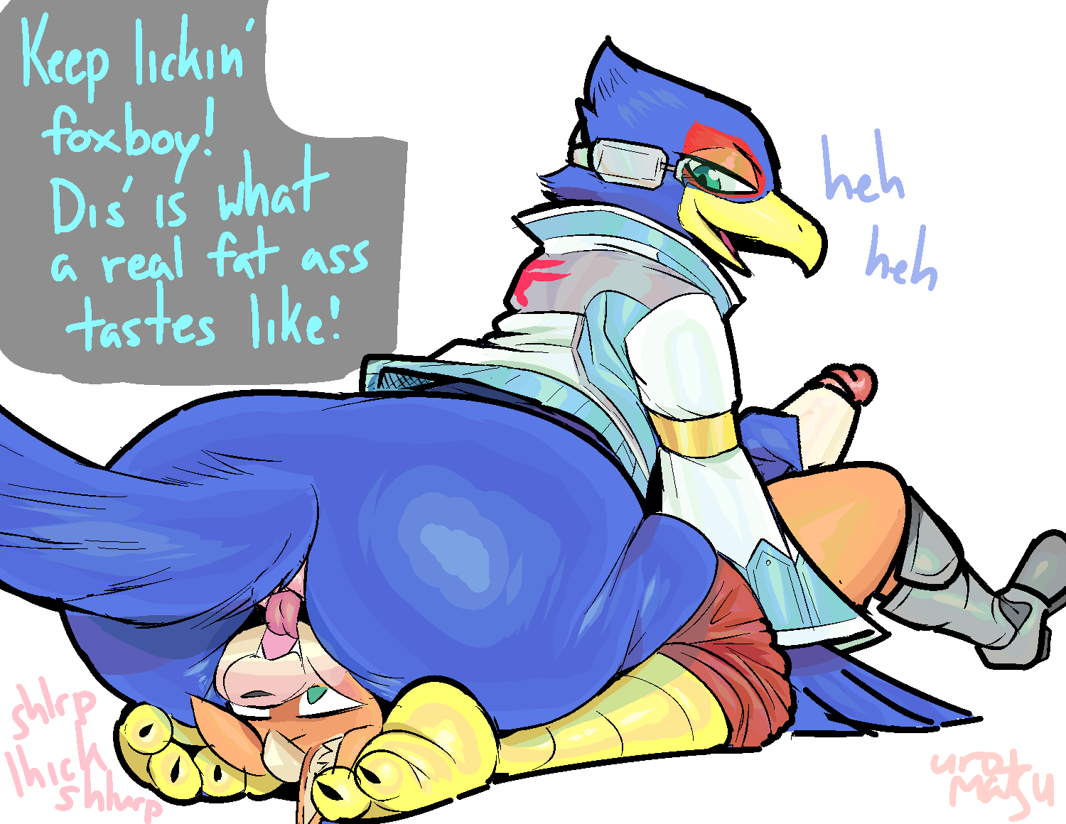 2boys anal anthro anus ass avian balls beak big_ass big_butt biped bird blue_body blue_skin blue_tail blue_text butt canid canine dialogue duo erection exclamation_point facesitting falco_lombardi fox fox_mccloud genitals glans green_eyes huge_butt humanoid_genitalia humanoid_penis licking licking_anus licking_ass looking_back male male/male male_focus male_only mammal nintendo open_mouth oral penis pupils rear_view rimming sex sitting_on_another star_fox tail teal_eyes text tongue tongue_out uromatsu
