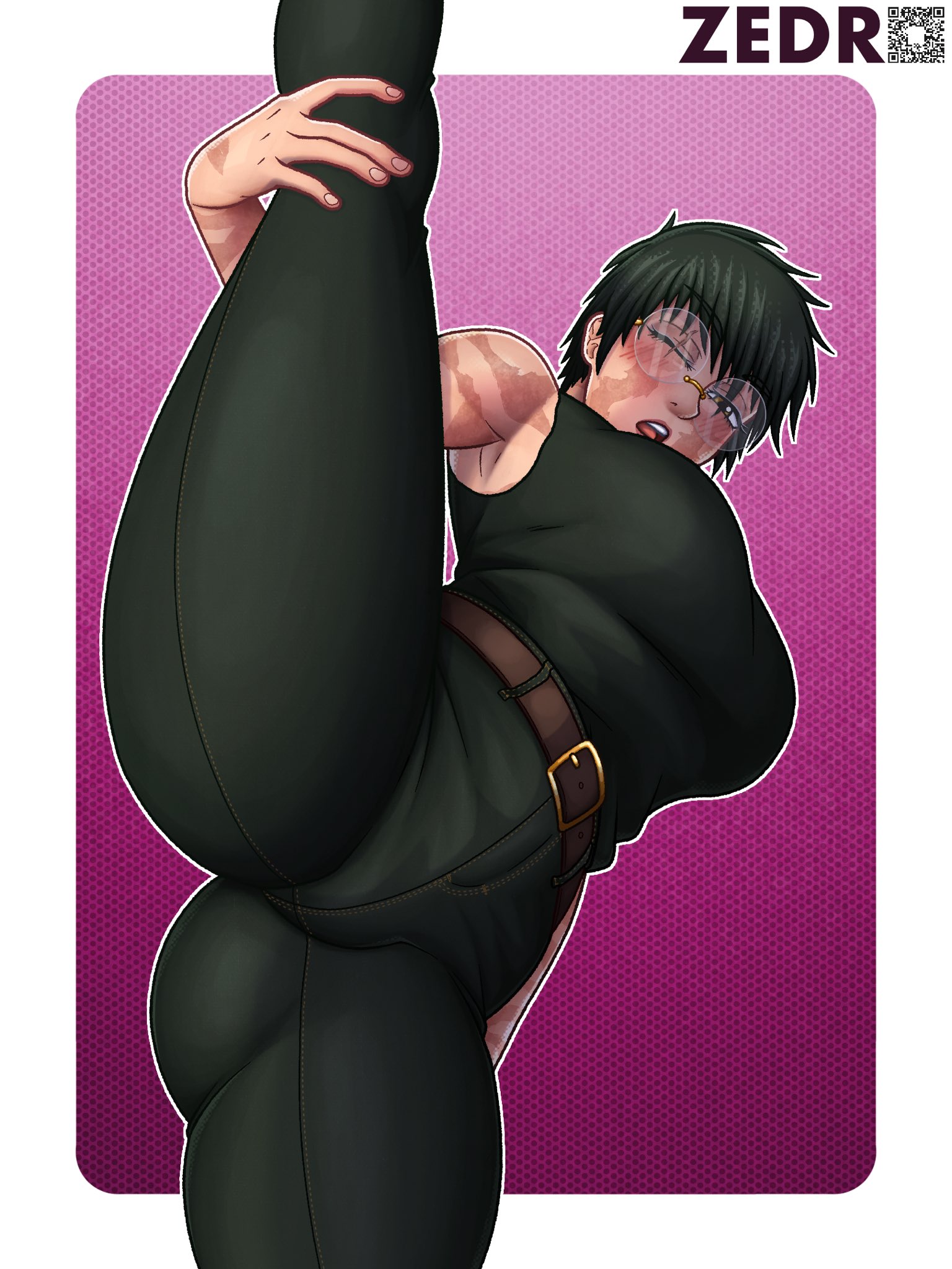 1girls, ass, big ass, big breasts, big butt, big thighs, big titties, breasts, clothed, clothing, curvaceous, curvaceous female, curvaceous figure, curvy, curvy figure, curvy hips, female, female only, glasses, green hair, green-haired female, jujutsu kaisen, looking at viewer, scar, solo, zedro, zenin maki