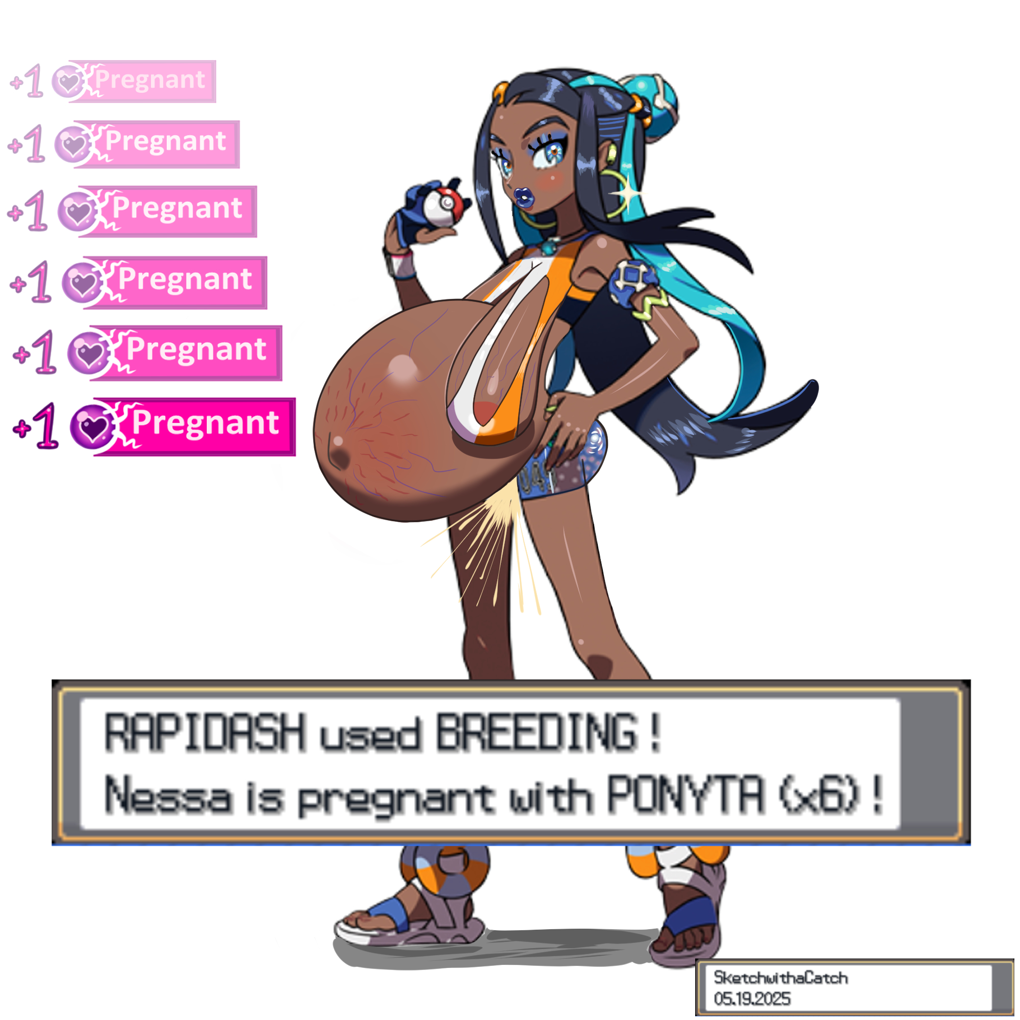 1girls, about to burst, big belly, big breasts, breasts, comic, cum squirt, dark skin, dark-skinned female, edit, edited official artwork, female, female only, implied bestiality, inflated belly, nessa (pokemon), pokemon, pokemon ss, pregnant, sagging breasts, sketchwithacatch, solo, stretch marks, text, veiny belly, veiny breasts