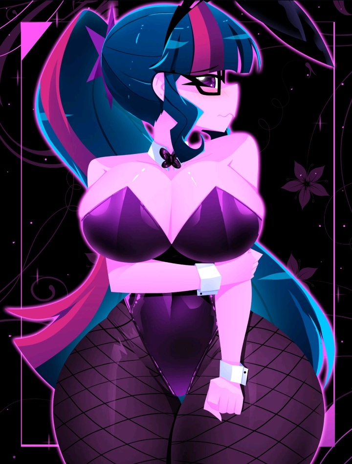 1girls, 2025, 2d, barefoot, big breasts, big legs, big thighs, black background, breasts, breasts bigger than head, bunny ears, bunnysuit, cleavage, colored hair, colored skin, curvy, curvy body, curvy female, curvy figure, curvy hips, dark blue hair, dark-blue hair, deviantart link, digital media (artwork), embarrassed, embarrassed female, equestria girls, facing away, facing away from viewer, female, female focus, female only, fishnet legwear, fishnets, glasses, hand on arm, hasbro, hips, hips wider than shoulders, huge breasts, large breasts, long hair, my little pony, nerd, nerdy, nerdy female, no ai, playboy, playboy bunny, playboy bunny costume, playboy bunny leotard, playboy outfit, ponytail, purple body, purple eyes, purple hair, sci-twi, simple background, strapless, strapless leotard, thick legs, thick thighs, two-tone hair, western cartoon, wide hips, xan-gelx (xan)