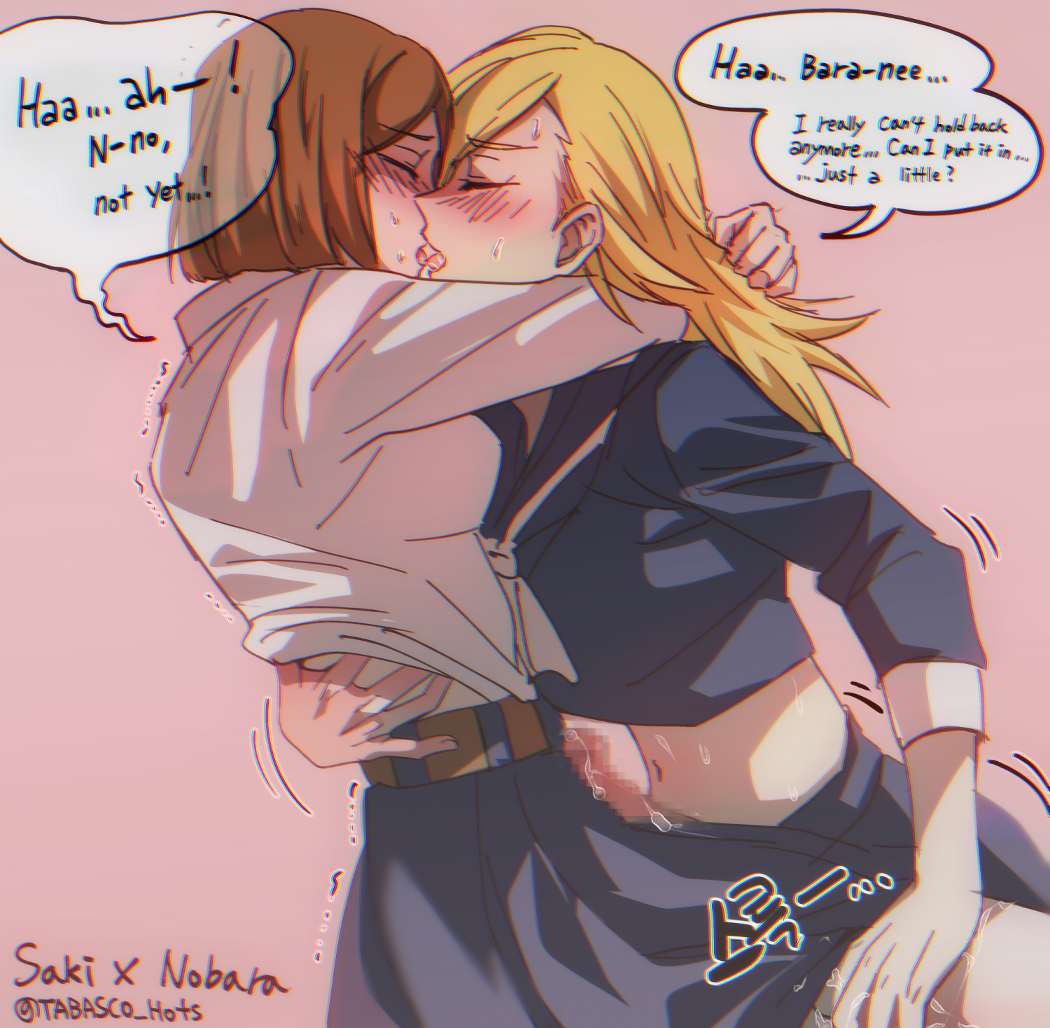 1futa, 1girls, censored, censored penis, female, futa on female, futa with female, futadom, futanari, intersex, jujutsu kaisen, kissing, kugisaki nobara, mosaic censoring, mosaic censorship, penis, saki rindo, tabasco hots, tagme