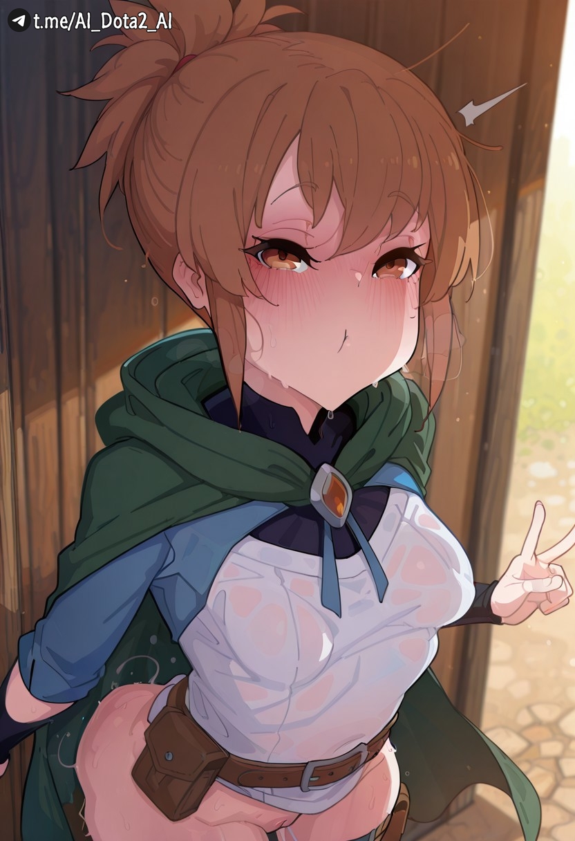 ai_dota_ai ai_generated belt belt_pouch blush breasts brown_belt brown_eyes brown_hair cape cloak dota_2 female green_cape green_capelet hood kakure_eria_(ai_style) looking_at_viewer marci marci_(dota) outdoors ponytail pouch shirt short_hair solo sweat v wet wet_clothes