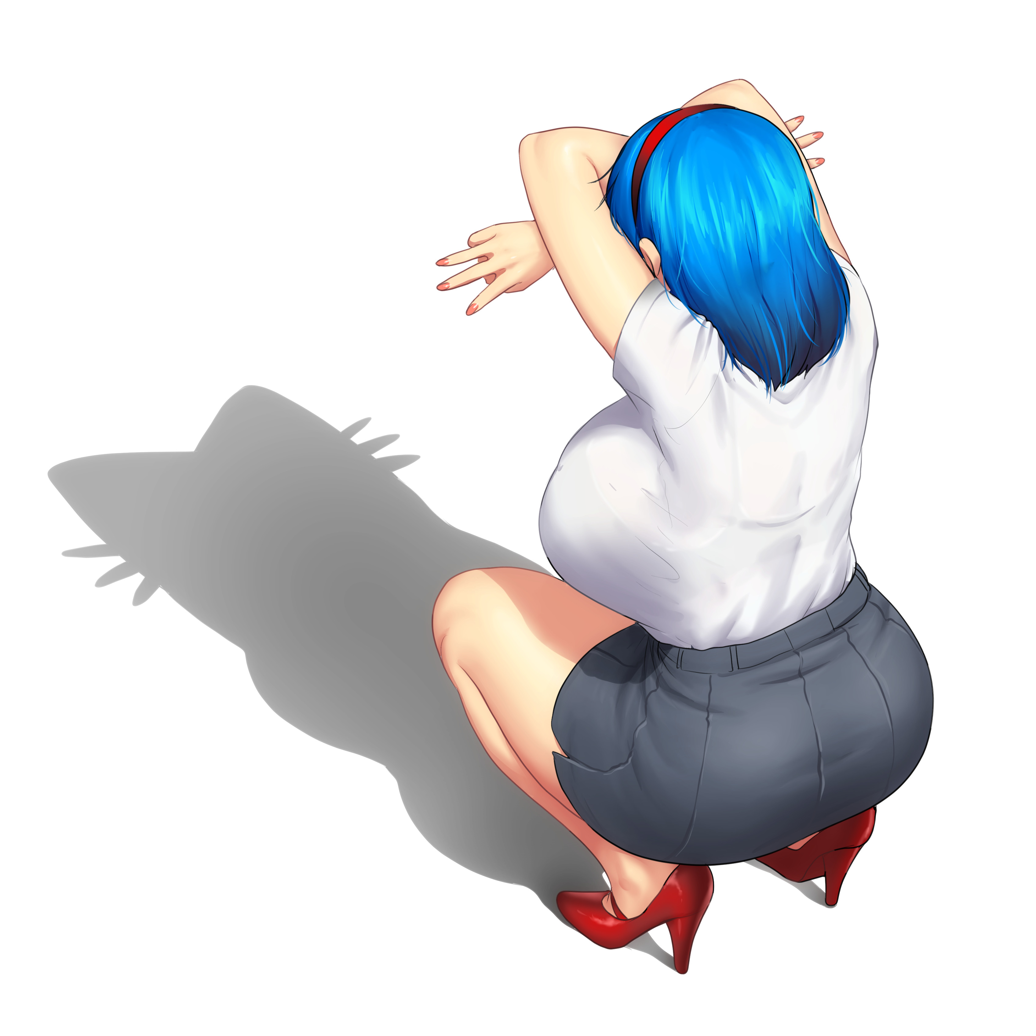 1girls, ass, ass in skirt, backboob, big ass, big breasts, bird's-eye view, blue hair, breasts, bulging breasts, busty, busty female, cat shadow puppet (meme), crouching, crouching female, curvaceous, curvy, curvy female, curvy figure, errorkazoo, female, female focus, female only, footwear, grey skirt, hairband, heels, hi res, high heels, high resolution, high-angle view, highres, large breasts, light skin, light-skinned female, long skirt, mature, mature female, medium hair, meme, meme reference, milf, oc, oc only, original, original character, pencil skirt, pose, posing, red footwear, red heels, reference, rina atherina, rina atherina (errorkazoo), shadow, shadow puppet, short sleeved shirt, short sleeves, side slit, sideboob, simple background, skirt, solo, solo female, solo focus, squatting, t-shirt, tagme, viewed from above, voluptuous, voluptuous female, white background, white shirt