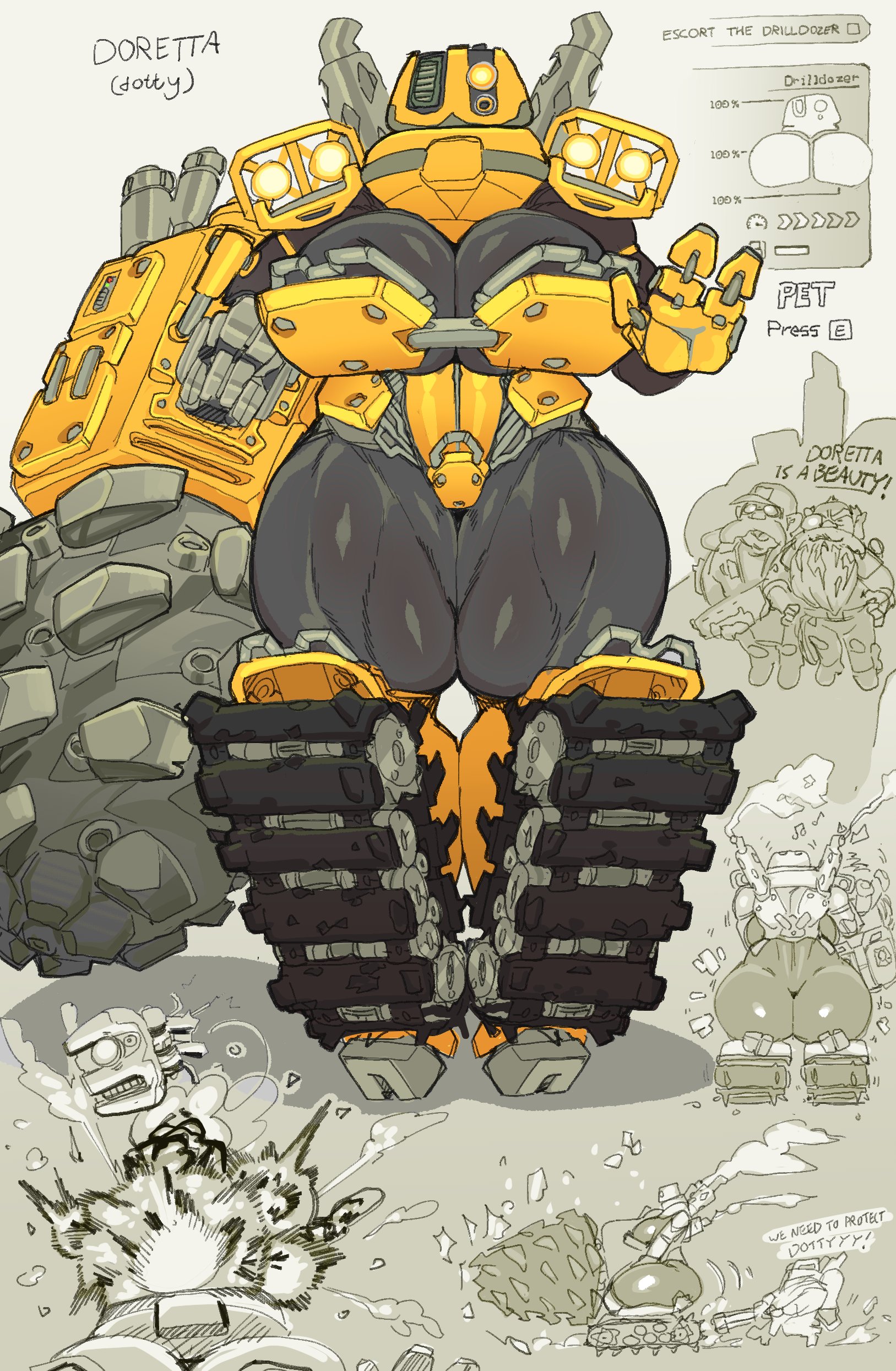 1 eye, 1boy, 1girls, absurd res, anthro, anthrofied, armor, beard, big areola, big breasts, big nipples, black areola, black body, black nipples, breasts, clothing, curvy figure, deep rock galactic, dieseldoden, doretta (deep rock galactic), drill, duo, dwarf, engineer (deep rock galactic), eyewear, female, genitals, ghost ship games, goatboydraws, headgear, headwear, hi res, hoxxes iv (planet), huge breasts, humanoid, large areolae, larger female, living vehicle, machine, male, mecha musume, nipples, personification, pussy, robot, robot girl, robot humanoid, size difference, smaller male, solo focus, thick thighs, thighhighs, wide hips, yellow sclera, yellow thighhighs