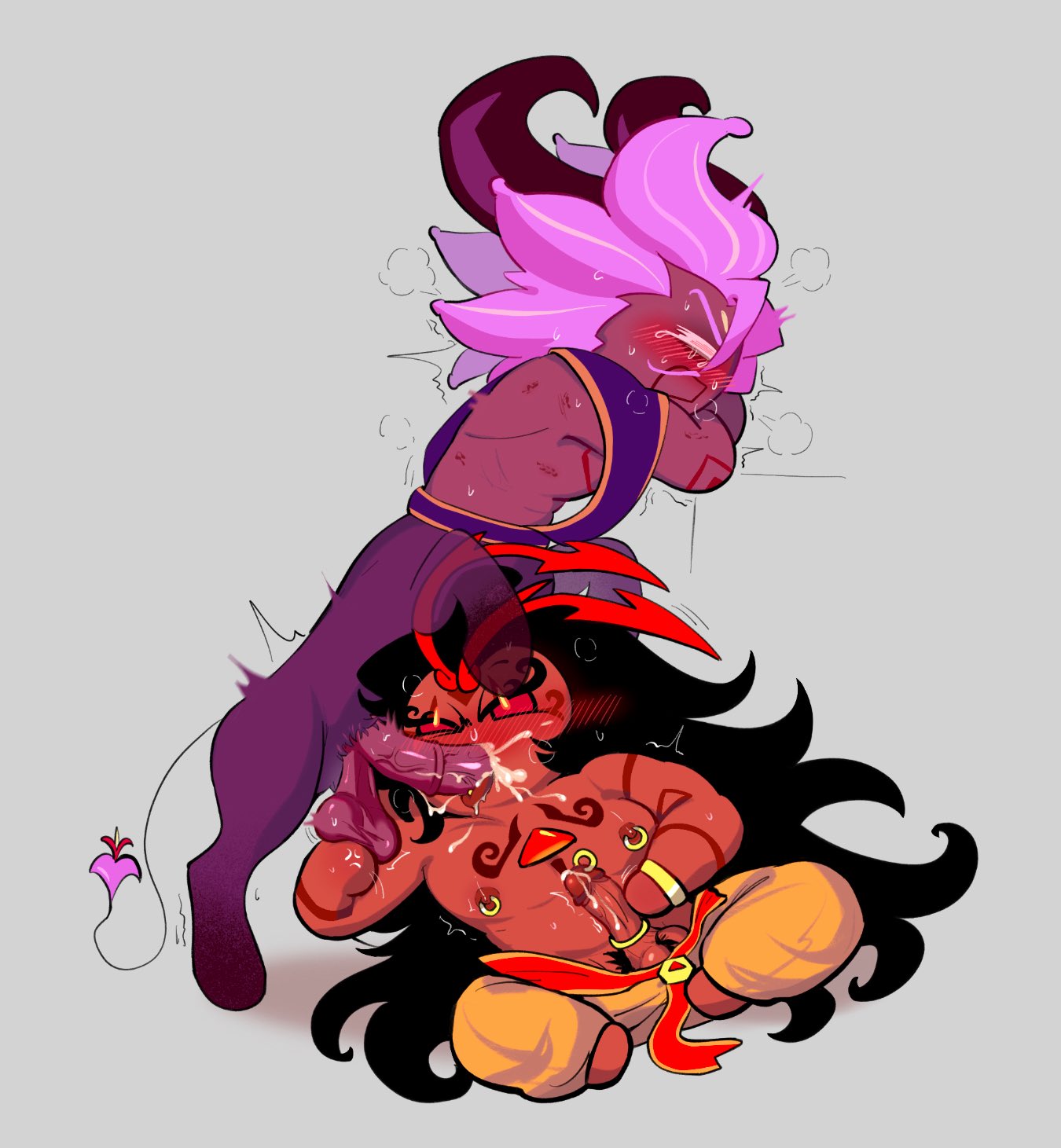 2boys, balls, black hair, blowjob, blush, burning spice cookie, centaur, cock ring, cookie run, cookie run kingdom, crying, cum, cum in mouth, cum inside, gay, gay sex, long cock, long-haired male, male, nipple rings, penis, plumstewegggy, pubic hair, saffron buffalo cookie, sweat, taur, tongue, tongue out, tongue out blowjob, yaoi