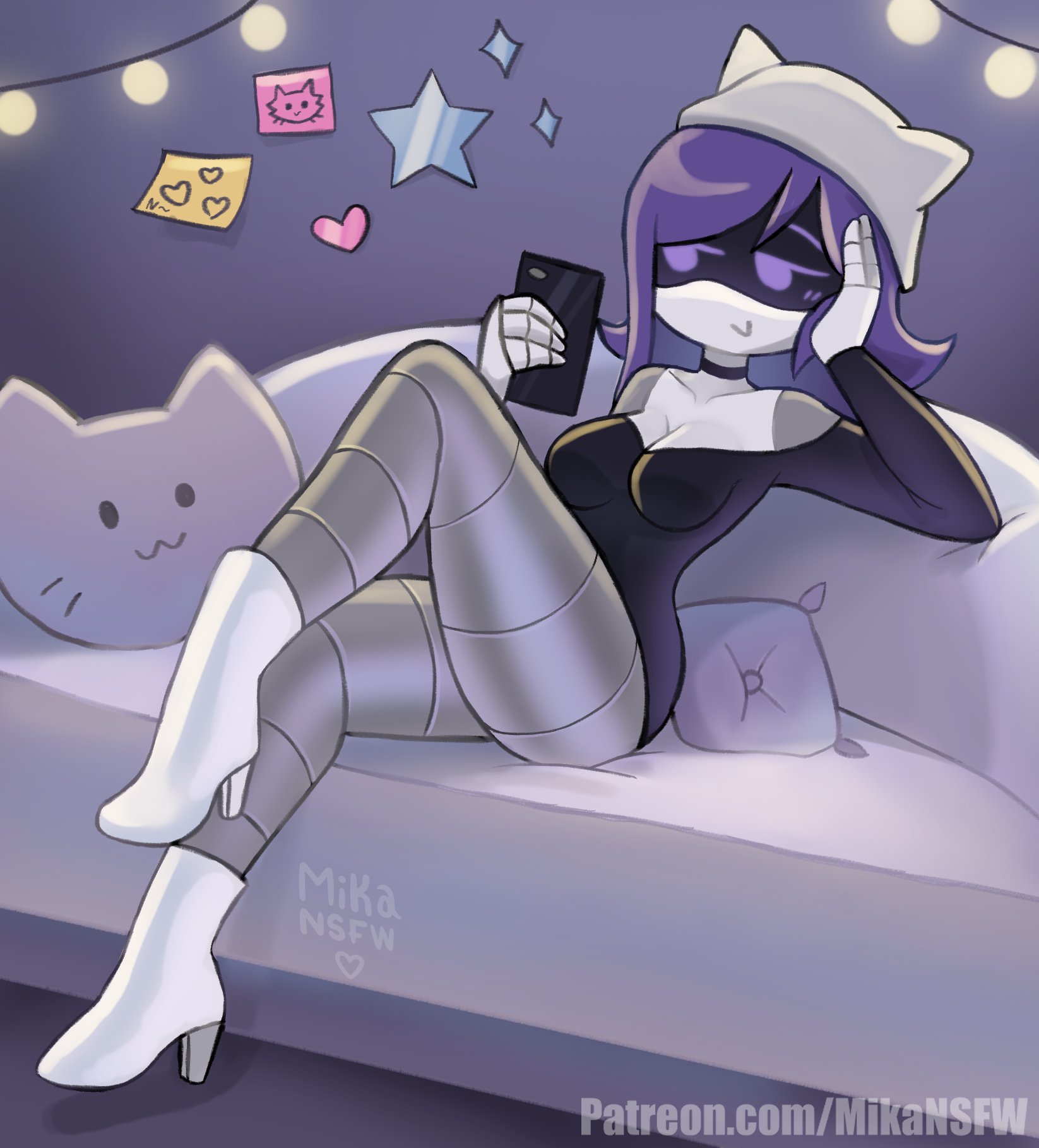 1girls, artist name, artist signature, blush, blushing female, breasts, cat pillow, clothed, clothing, couch, curvaceous, curvy, curvy body, curvy female, curvy figure, decoration, female, female only, glitch productions, hat, high heels, i call it a rug, legs, lights, mikansfw, murder drones, nori (murder drones), phone, pillow, purple eyes, purple hair, rhymes with grug, robot, robot girl, robot humanoid, robot milf, sitting on couch, solo, solo female, thick thighs, thighs, tight clothing, white high heels