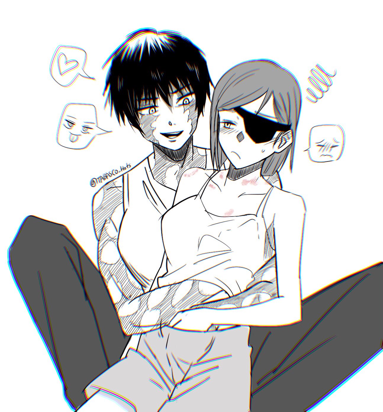 2girls, blush, breast grab under clothes, breasts, chromatic aberration, eyepatch, female, female only, female/female, femdom, hand on breast, hand under clothes, hand under shirt, hickey, jujutsu kaisen, kugisaki nobara, limited palette, scar, tabasco hots, tagme, yuri, zenin maki