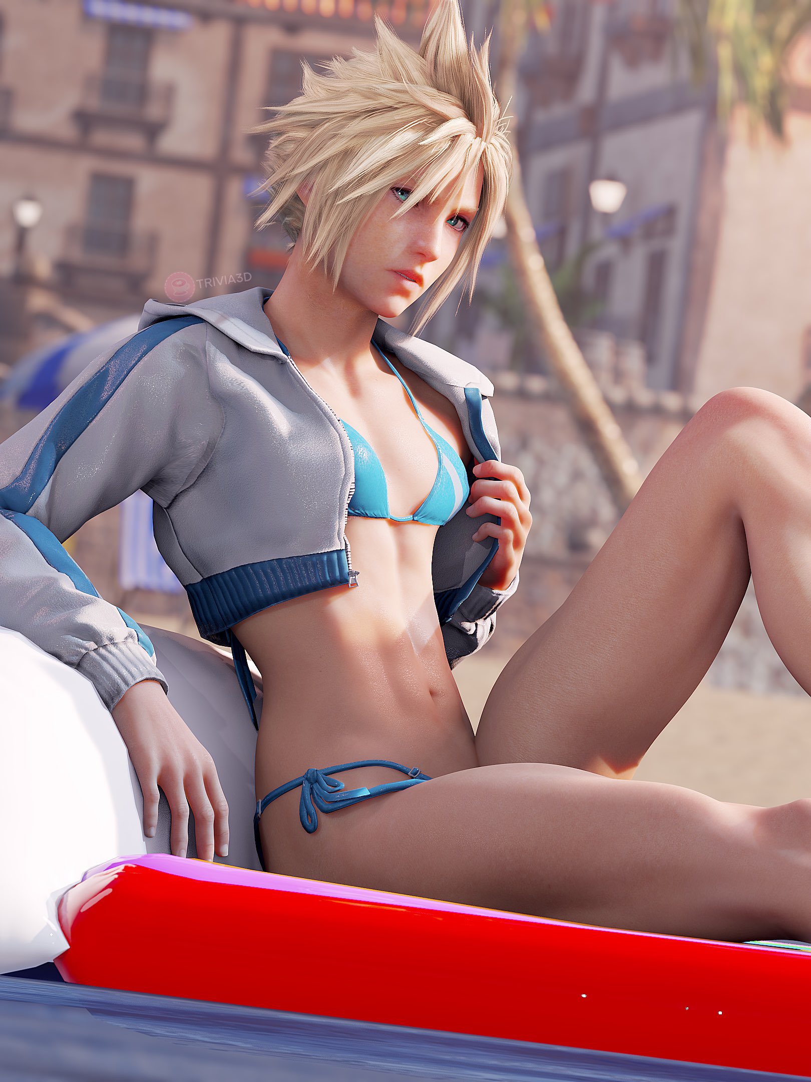 1boy, 3d, beach, bikini, blonde hair, blue eyes, cloud strife, cloudmateria, crossdressing, femboy, final fantasy, final fantasy vii, male, male only, spiky hair, tagme, thighs, trivia3d (cloudmateria), twink, white skin