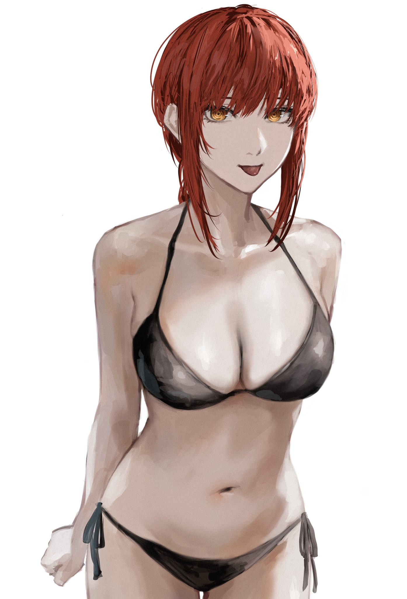 bikini, black bikini, black panties, black underwear, chainsaw man, eye contact, female, hands behind back, looking at viewer, makima (chainsaw man), open mouth, panties, pov, raberu ruru, red hair, short hair, tongue, tongue out, underwear, yellow eyes