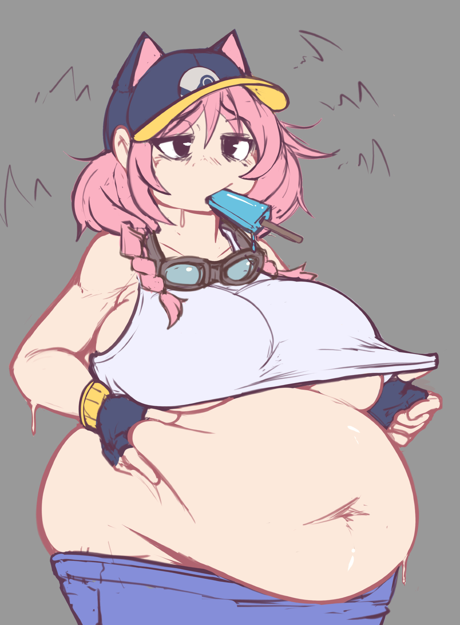 1girls, ass, belly, big belly, breasts, cat ears, cat girl, cat hat, catgirl, chubby, chubby female, fat, female, gloves, goggles, grabbing own belly, grabbing stomach, huge ass, huge belly, huge breasts, jeans, kittenboogers, pink hair, popsicle, popsicle in mouth, solo, solo female, solo focus, steam (software), steam delivery girl, stomach, sweat, sweating, thick thighs, tired, tired eyes, tummy, valve, valve (company)